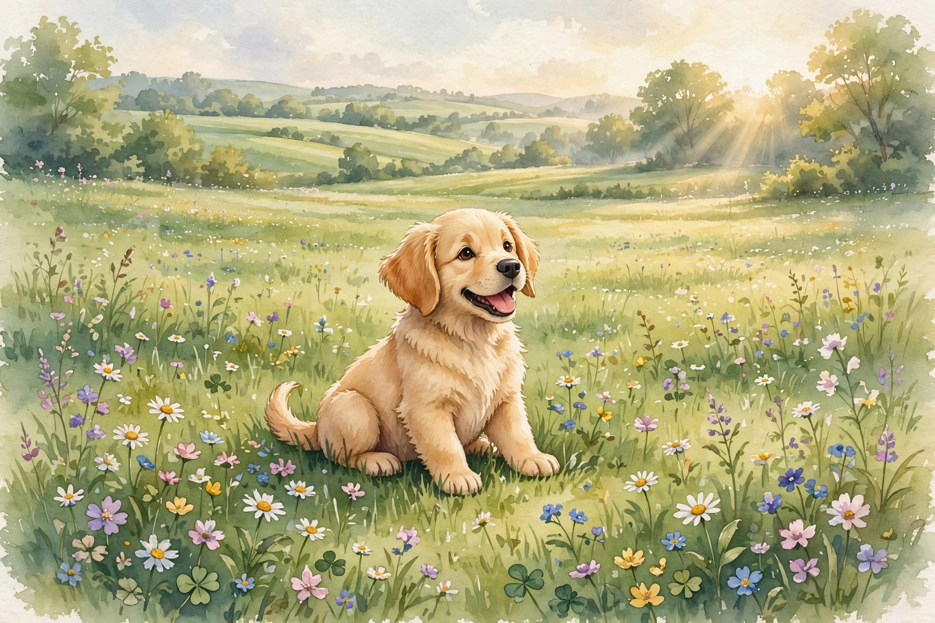 Happy golden retriever puppy sitting in a sunny meadow, cute dog names for boys