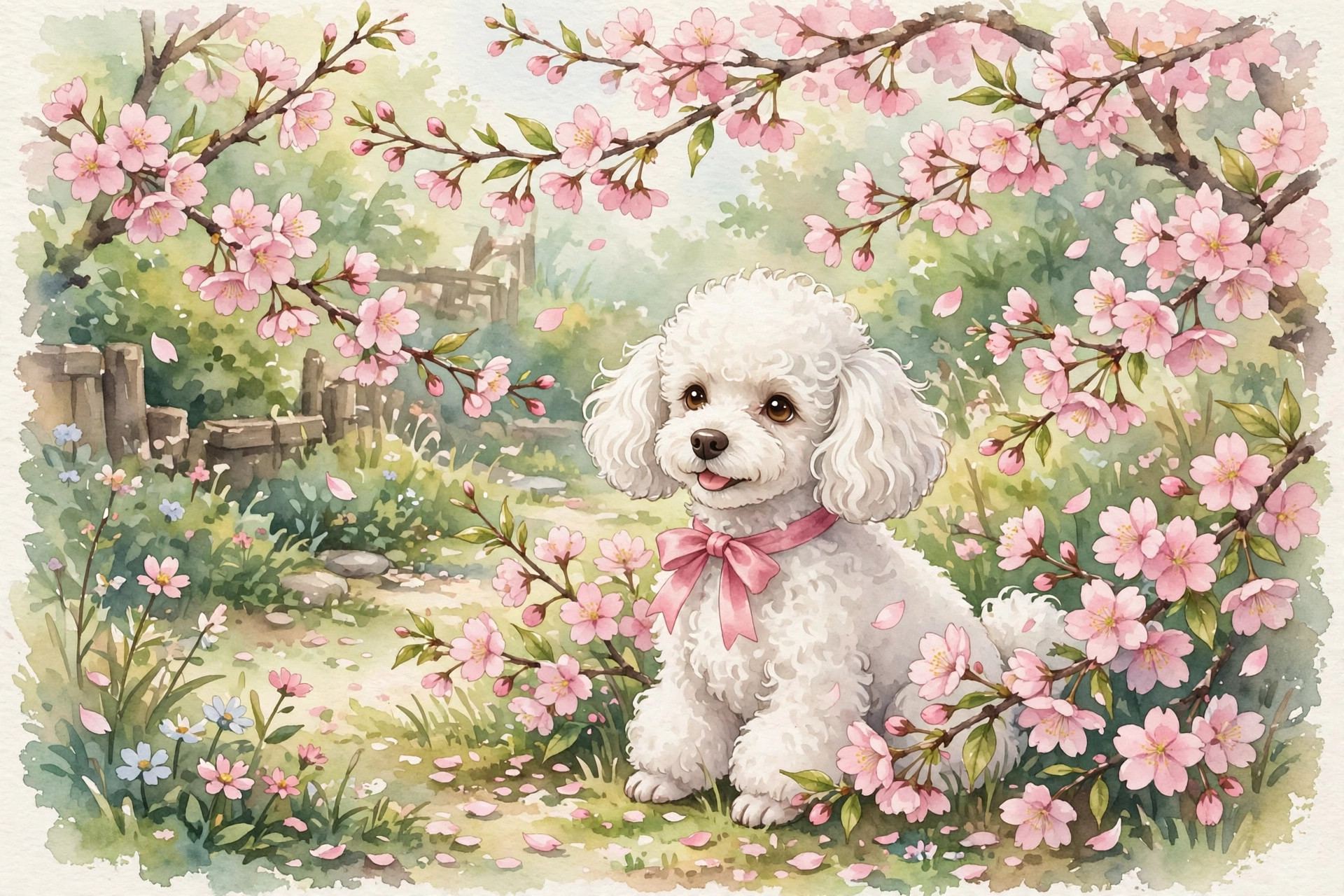 Fluffy white poodle with a pink ribbon among cherry blossoms, adorable girl dog names