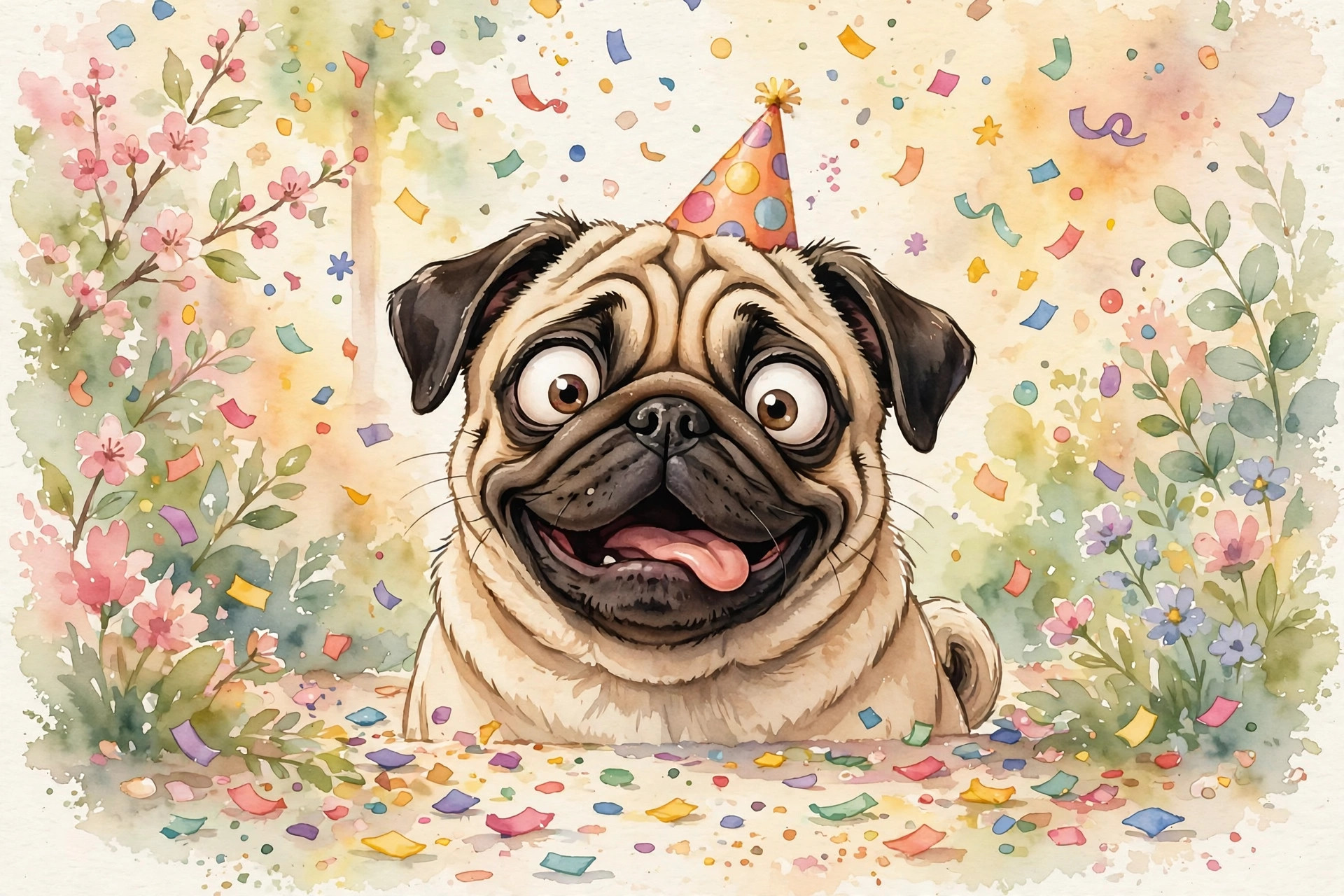 Goofy pug wearing a party hat with confetti, funny dog names