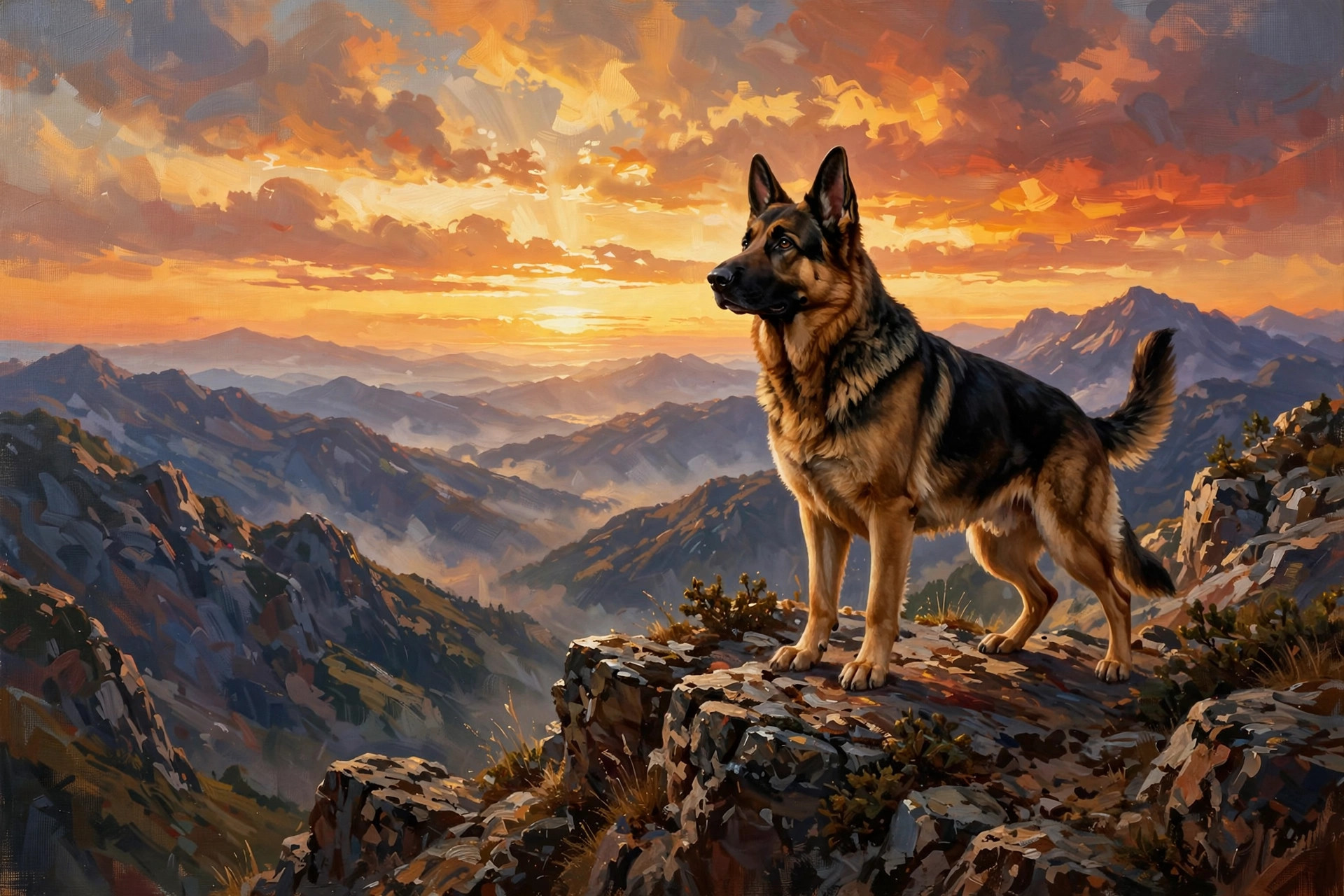 Majestic German shepherd standing on a mountain overlook at sunset, cool strong dog names