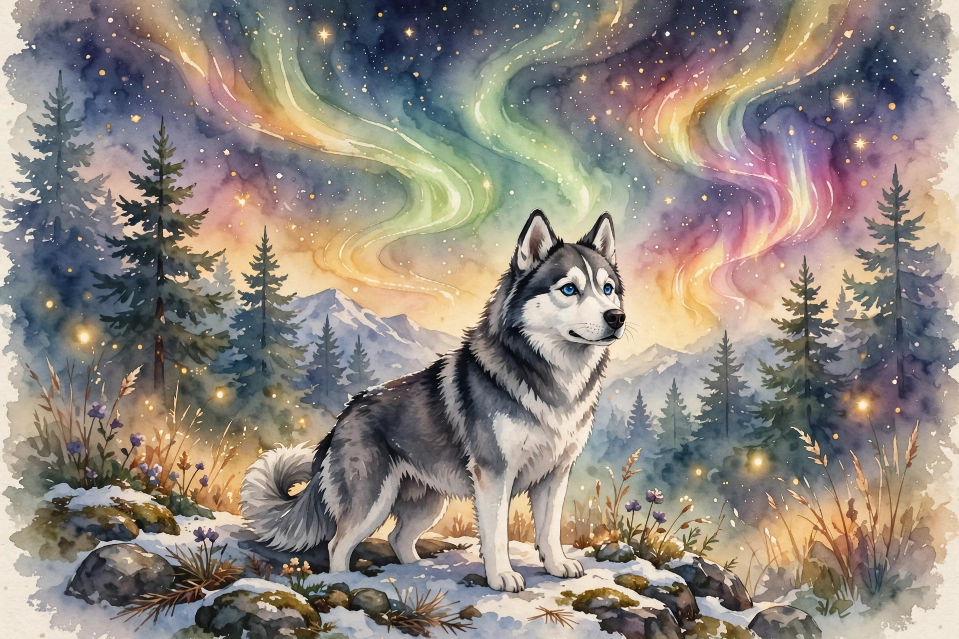 Striking husky with blue eyes under aurora night sky, unique dog names