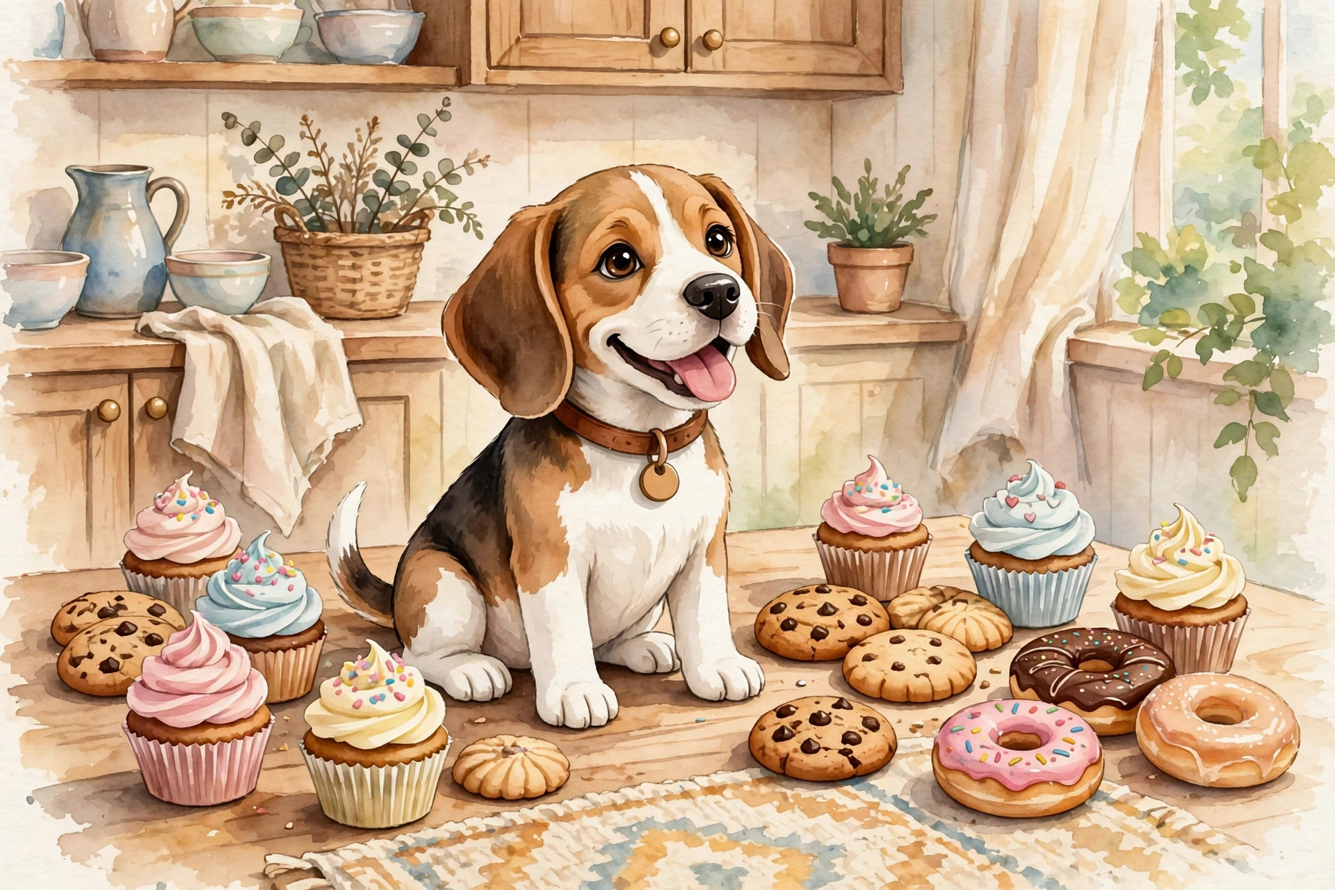 Beagle puppy in a cozy kitchen with cupcakes and cookies, food inspired dog names