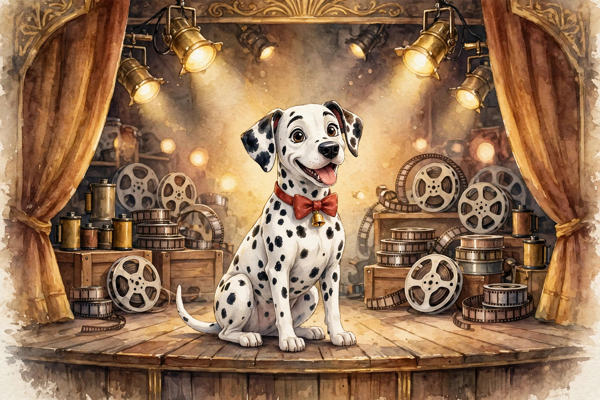 Dalmatian on a cinema stage with spotlights and film reels, movie dog names