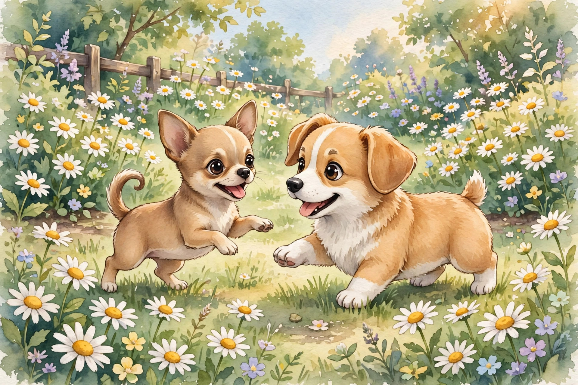 Tiny chihuahua and corgi puppy playing in a sunny garden, small dog names