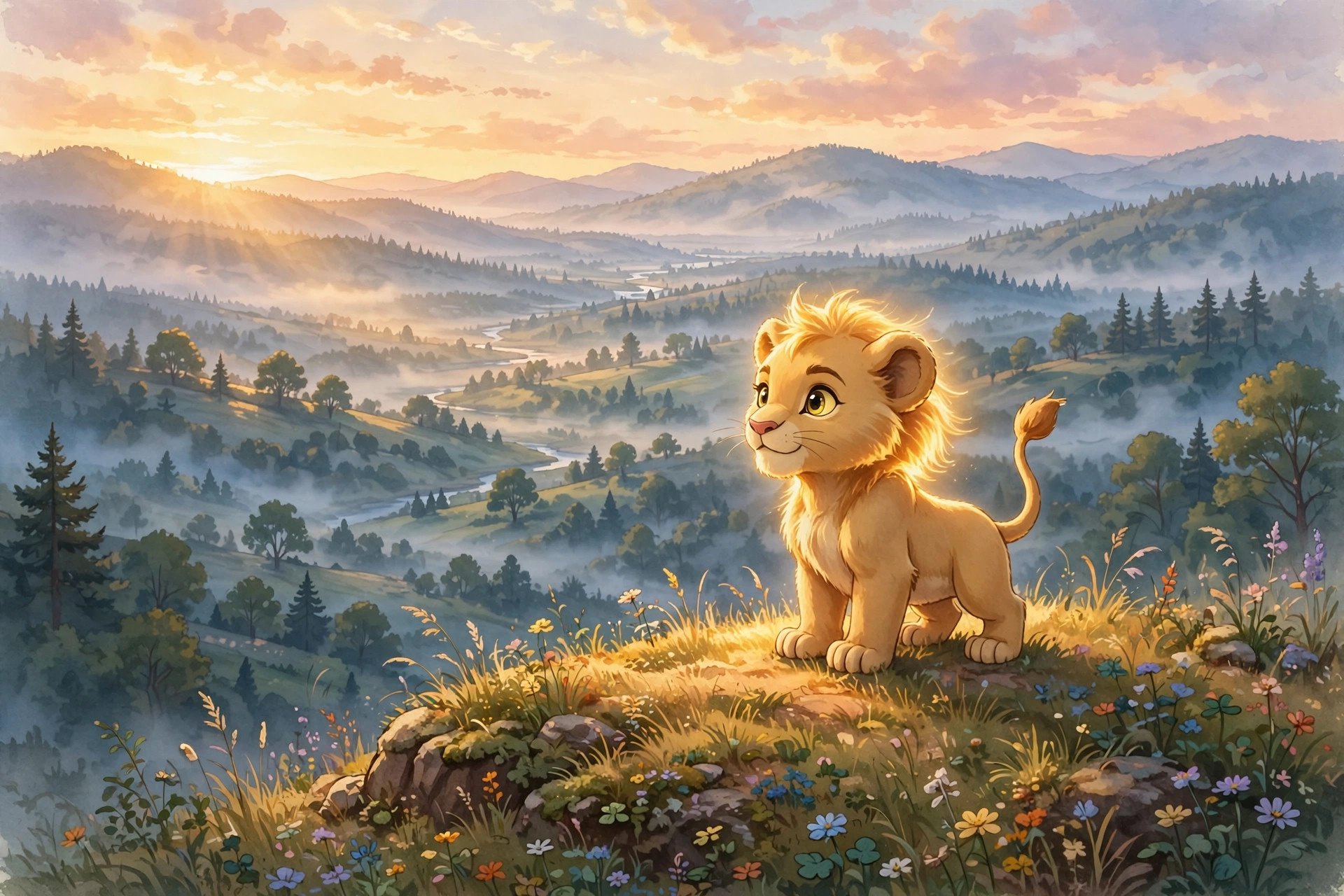 Illustration of a brave lion cub on a hill, symbolizing strong and powerful baby boy names