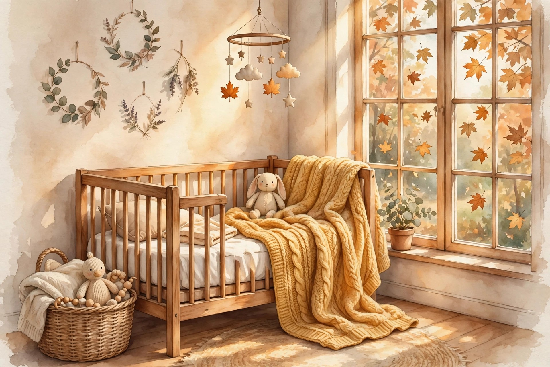 Cozy autumn nursery with falling maple leaves outside the window, autumn baby names for girls