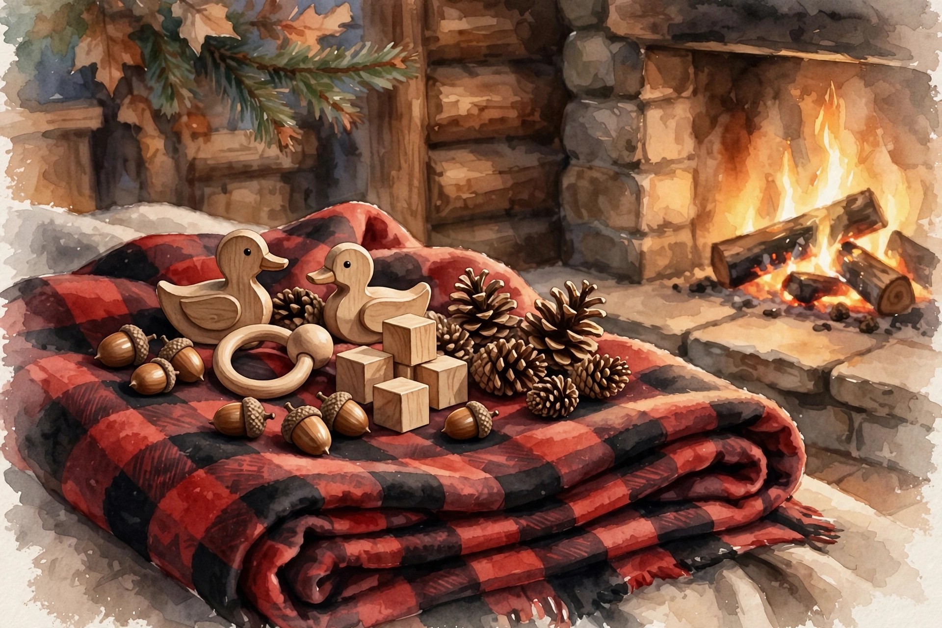 Wooden toys and acorns on a plaid blanket, autumn baby names for boys