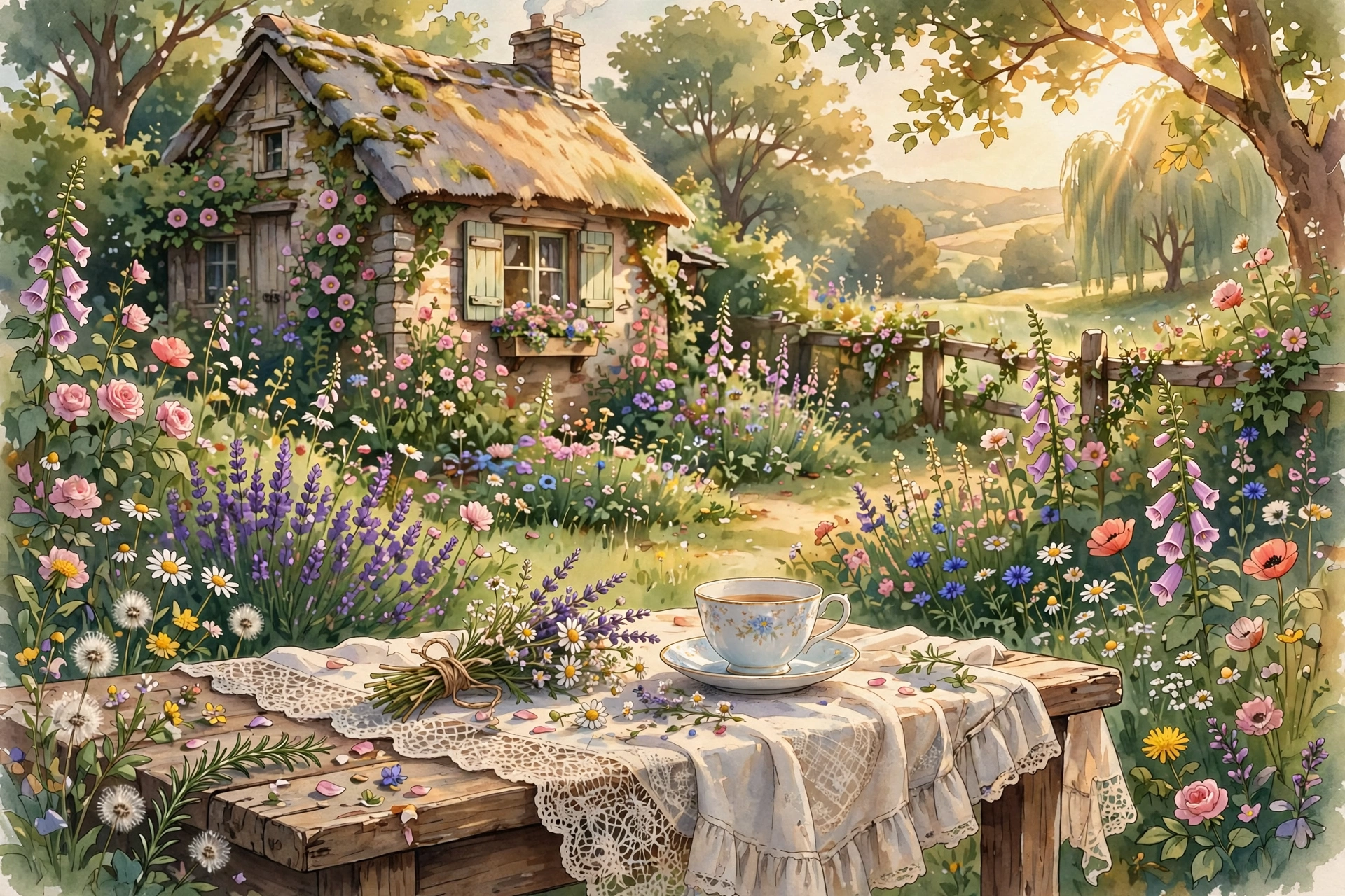Cottagecore aesthetic nicknames for girls — vintage cottage garden with wildflowers and teacup illustration