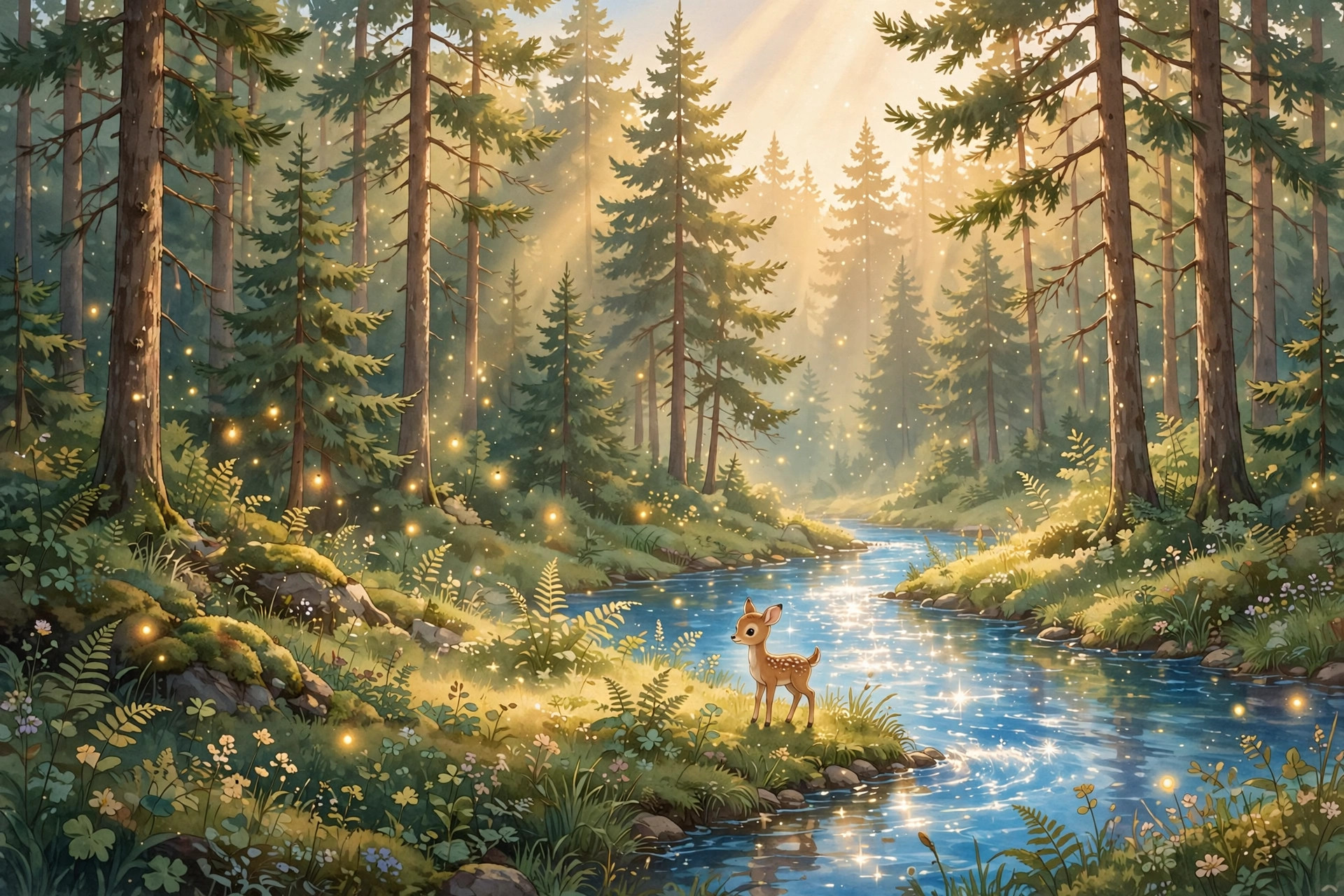 Sunlit forest clearing with a baby deer and river, illustrating nature-inspired baby boy names