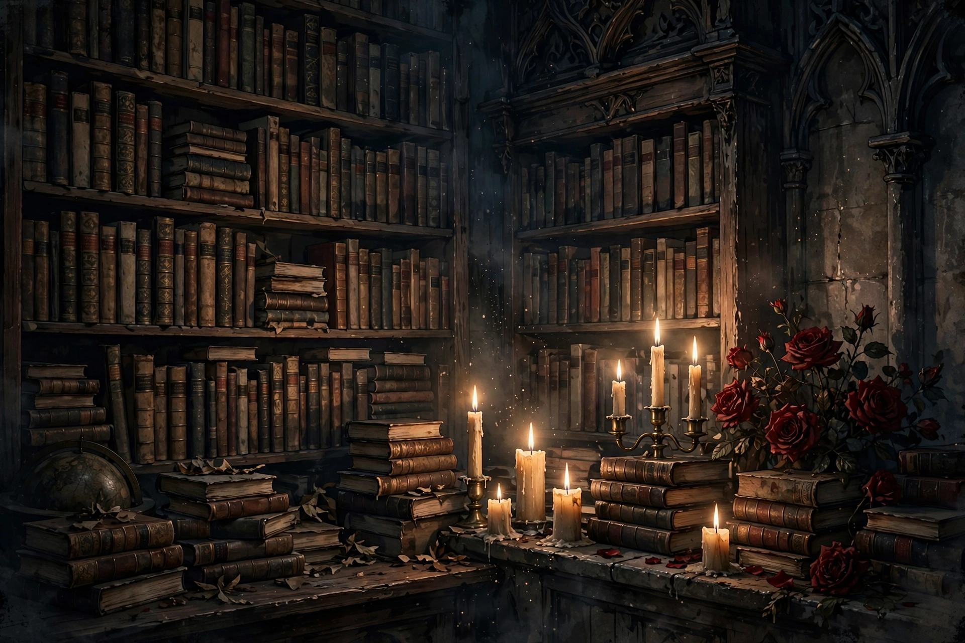 Dark academia aesthetic nicknames for girls — moody library with candles and dark roses illustration