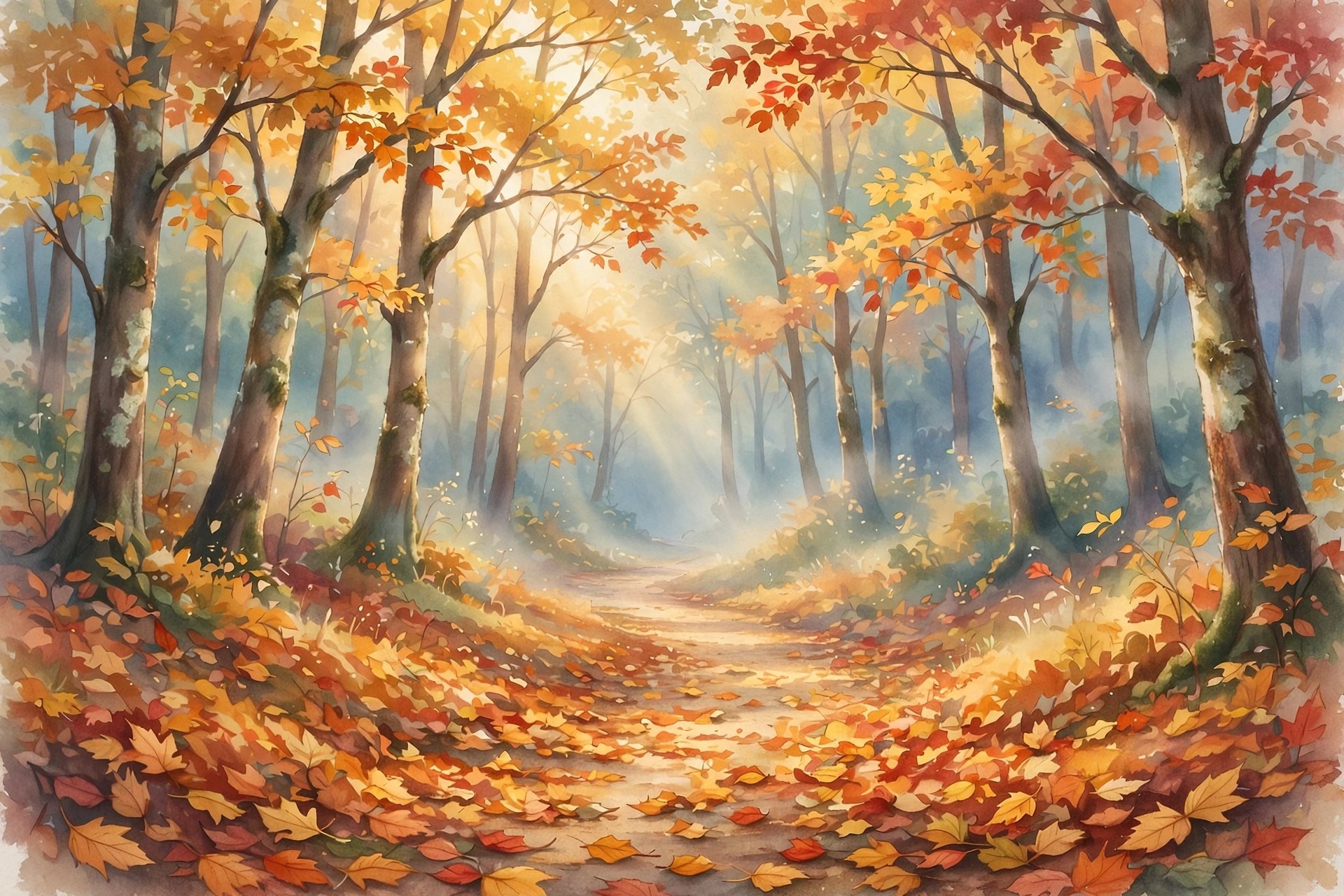 Golden autumn forest path with falling leaves and soft sunlight, cozy unisex fall names
