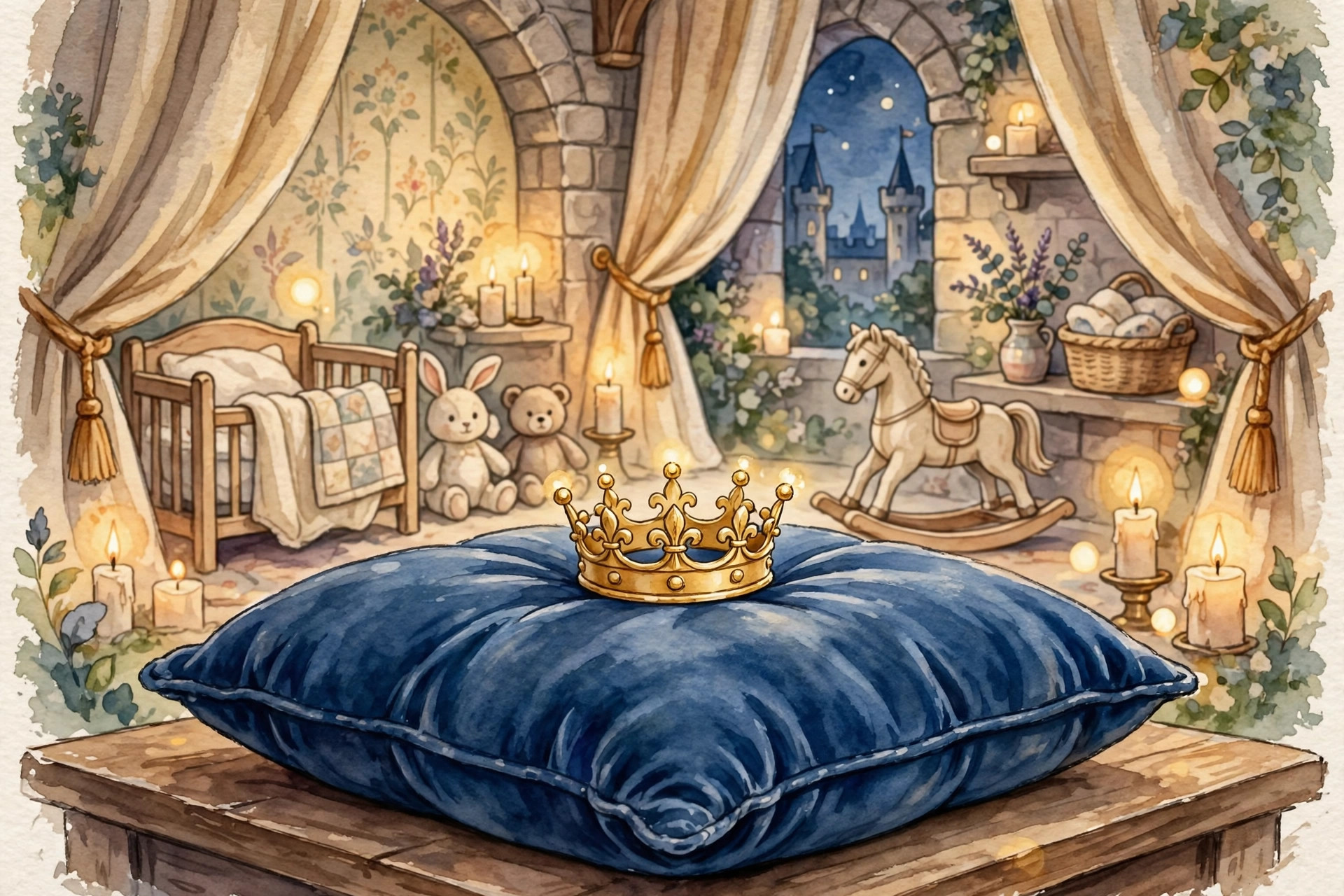 Tiny golden baby crown on velvet cushion for royal and regal baby boy names