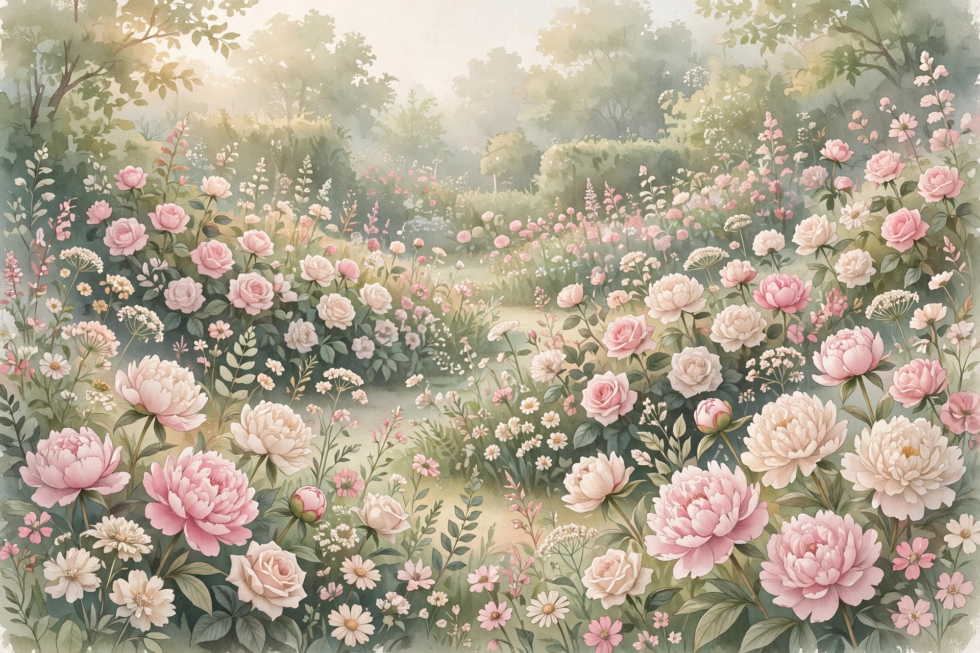 Floral aesthetic nicknames for girls — lush flower garden with peonies and wildflowers illustration