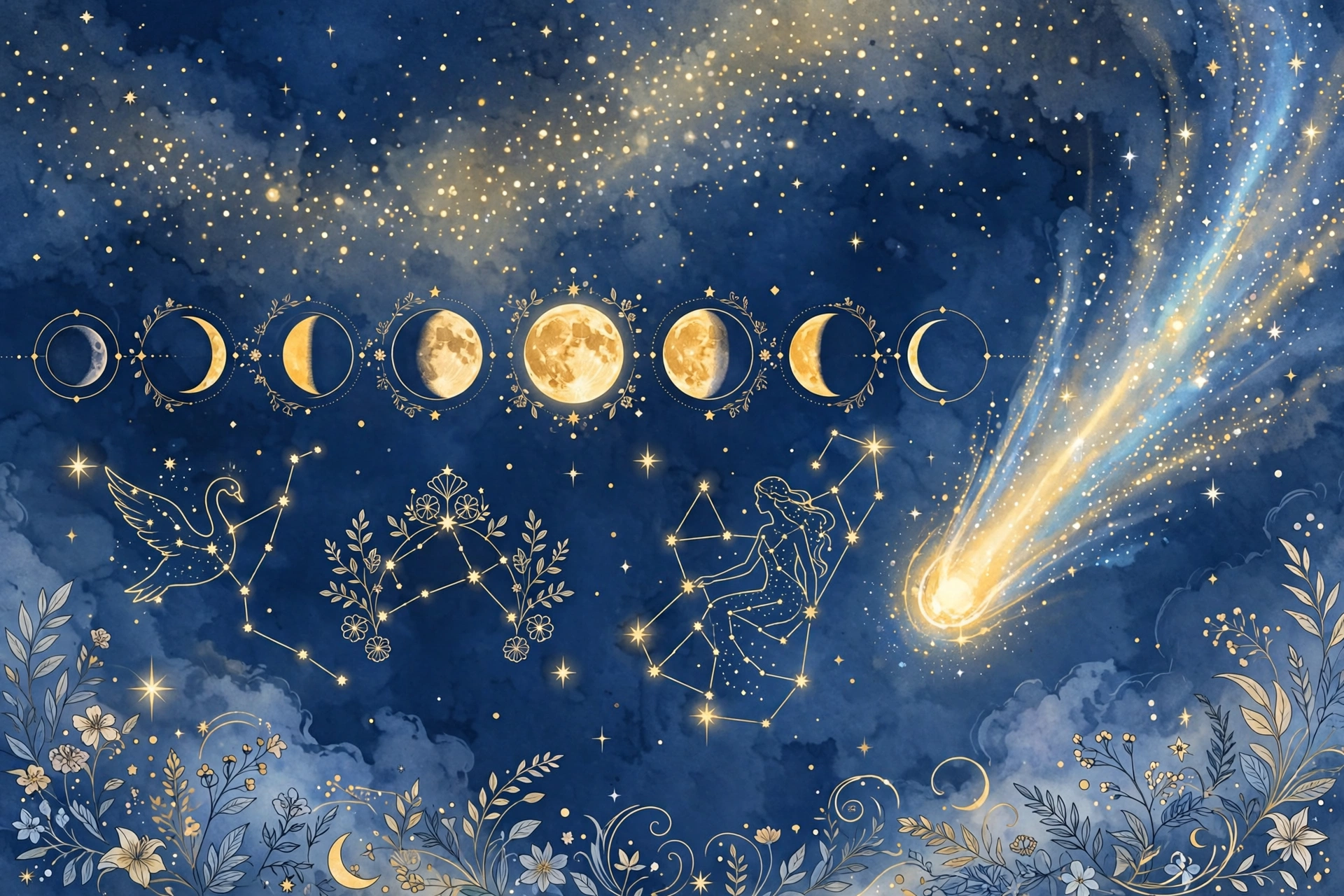 Celestial aesthetic nicknames for girls — starry night sky with moon phases and constellations illustration