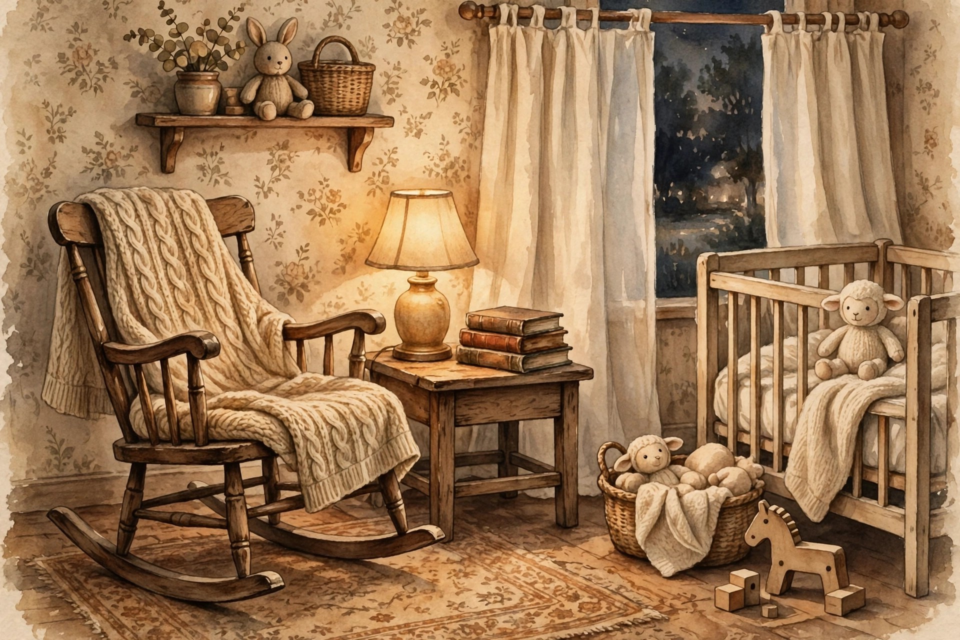 Vintage nursery with antique rocking chair and warm lamplight, vintage cozy baby names