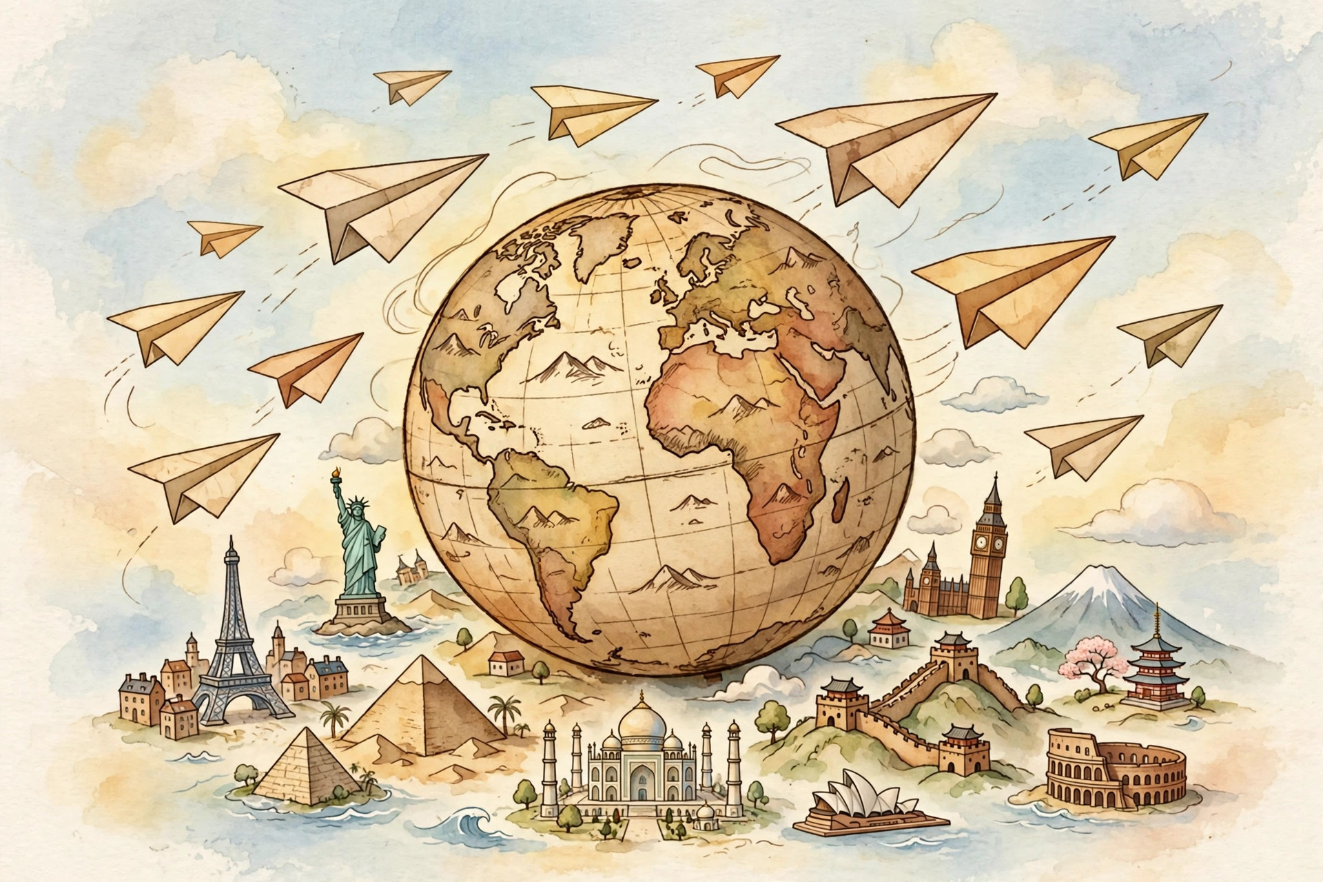 Vintage globe with paper airplanes representing baby boy names from around the world