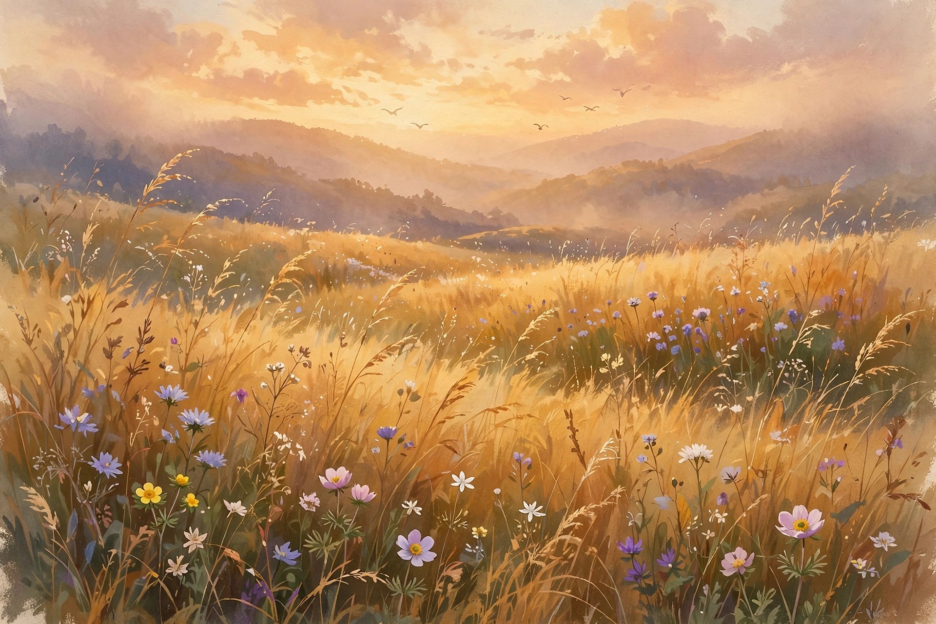 Golden autumn meadow with rare wildflowers at sunset, unique autumn names