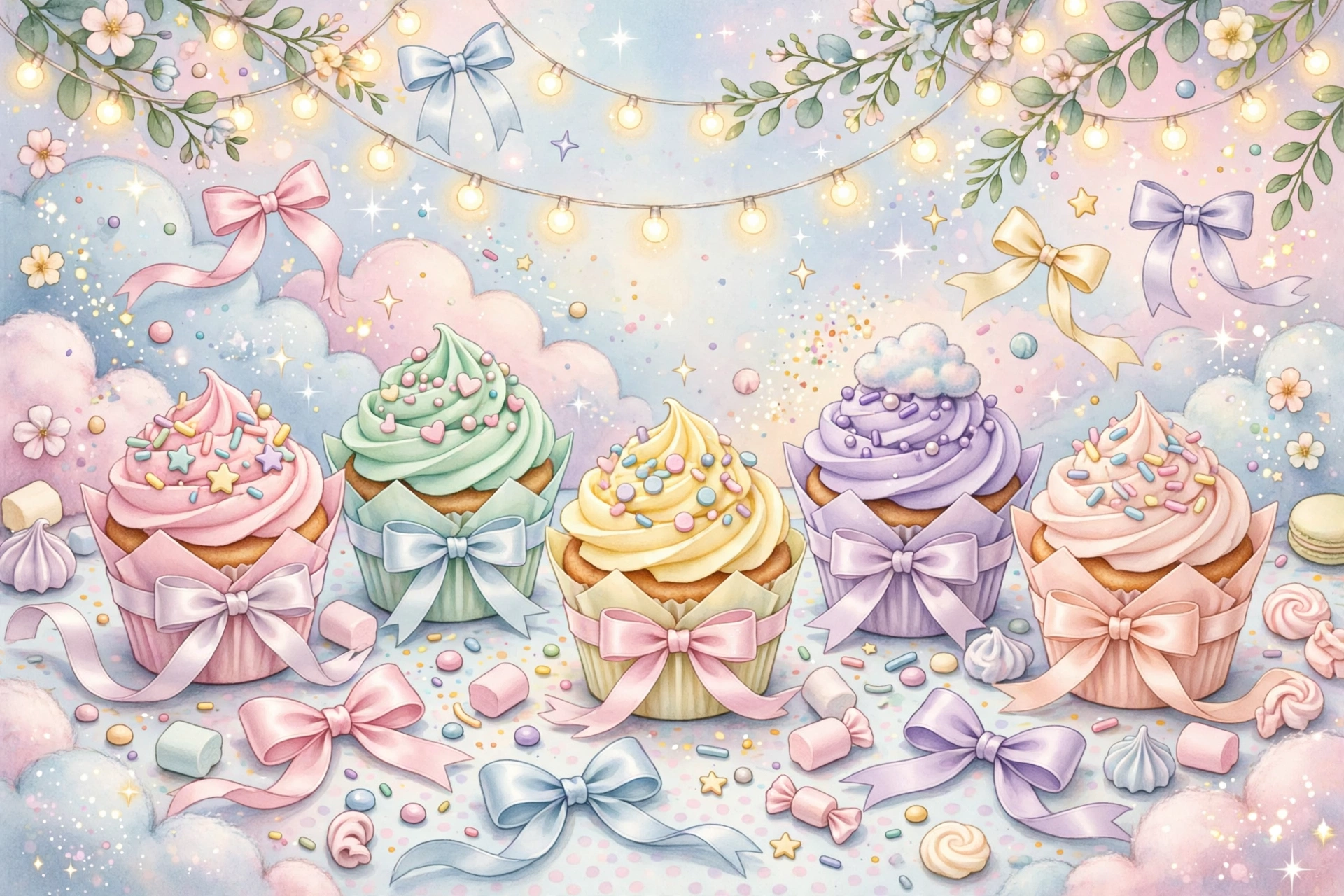 Whimsical aesthetic nicknames for girls — pastel candy scene with cupcakes, fairy lights and bows illustration