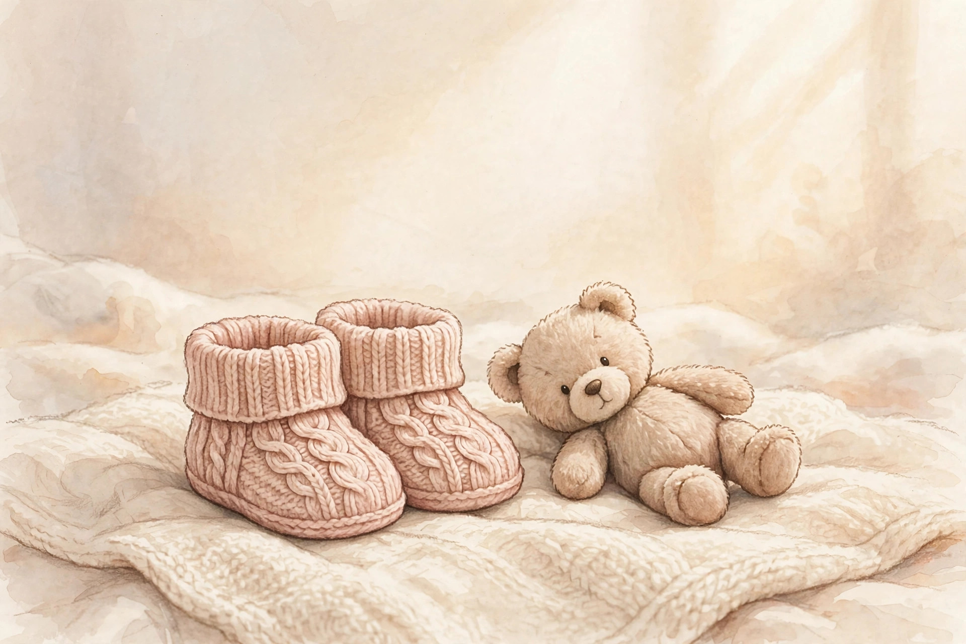 Tiny baby booties and teddy bear on a blanket for short and sweet baby boy names