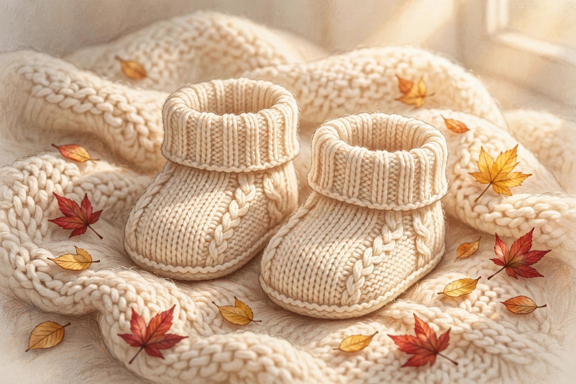 Tiny baby shoes on a knitted blanket surrounded by autumn leaves, short sweet fall names