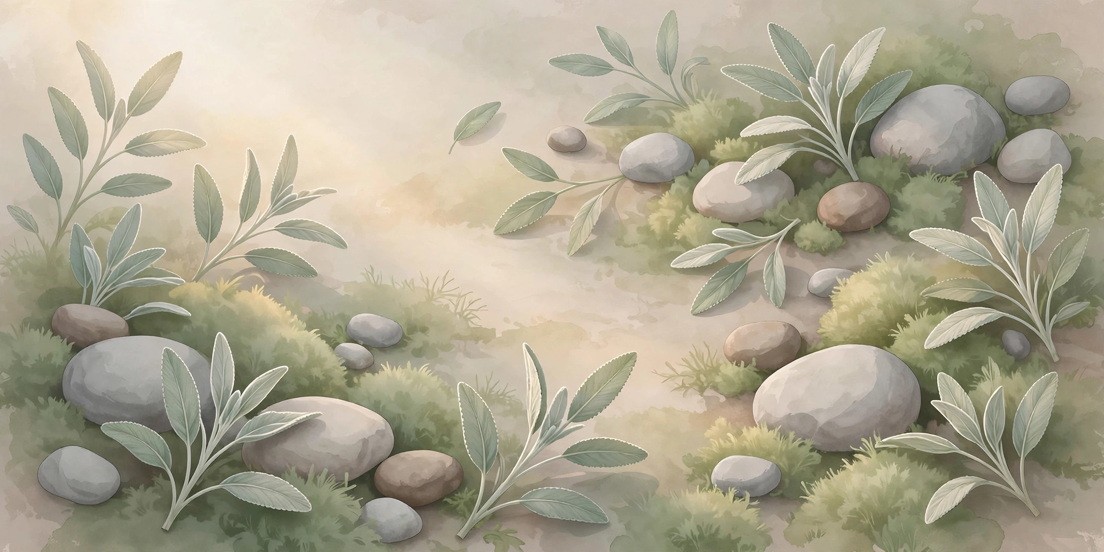 Earthy minimalist aesthetic nicknames for girls — sage leaves, stones and soft moss in morning light illustration