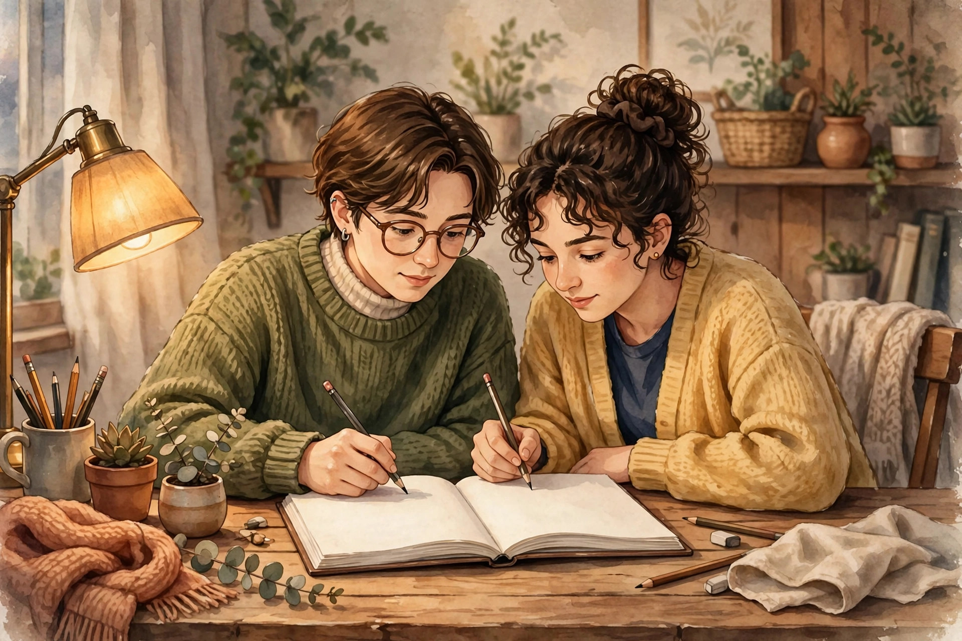 Best friends writing nickname ideas in a journal together