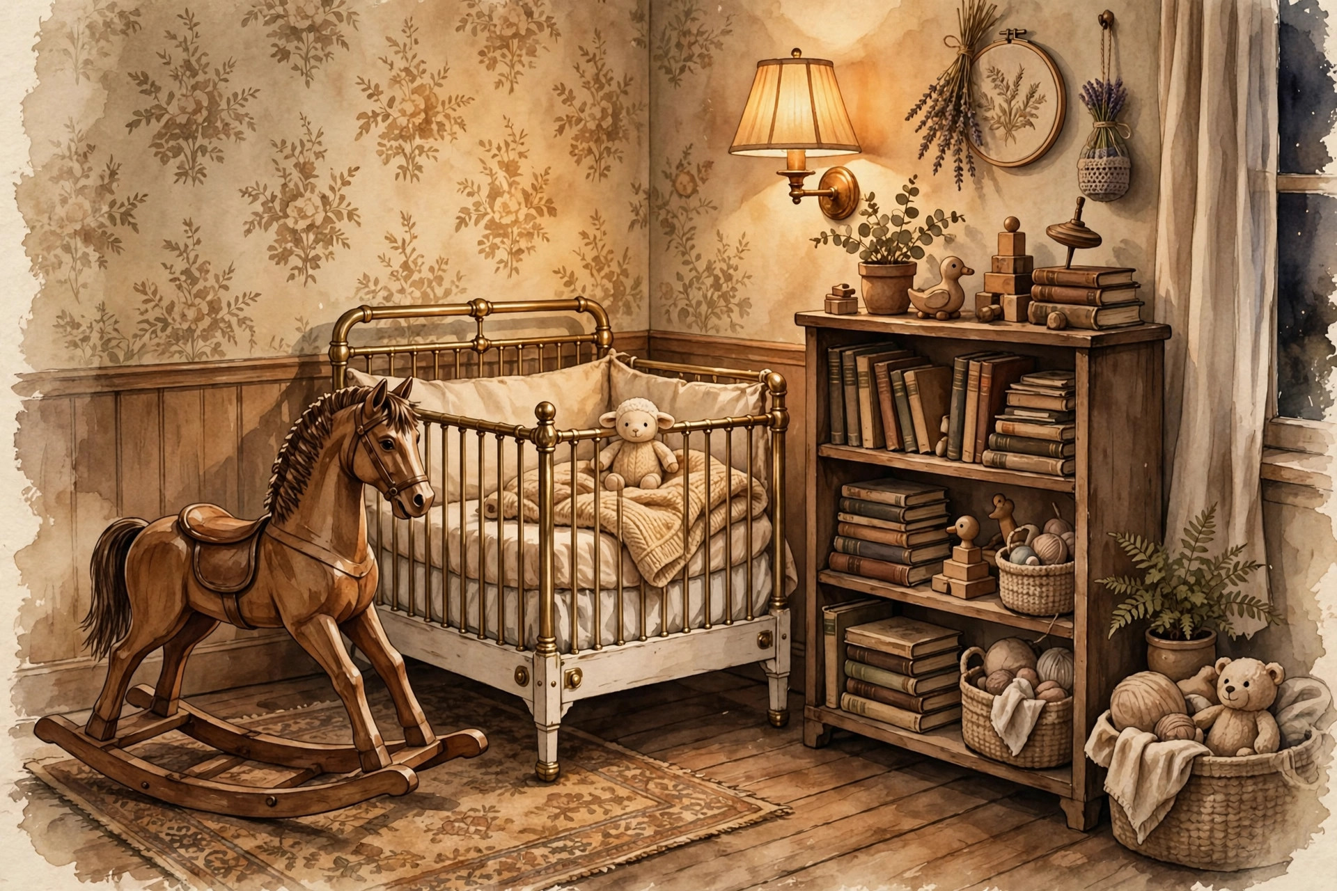 Antique nursery with wooden rocking horse and brass crib for vintage revival baby boy names
