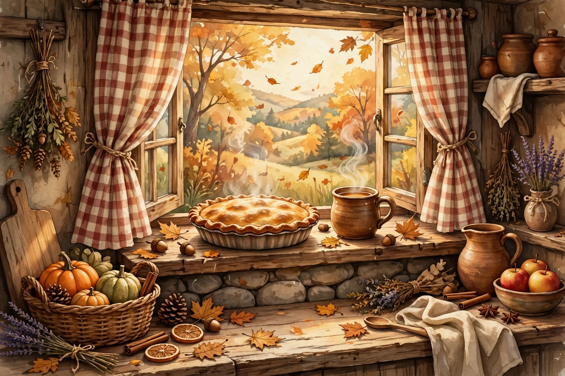 Cozy autumn kitchen with pumpkin pie cooling on the windowsill, warm nicknames for fall babies