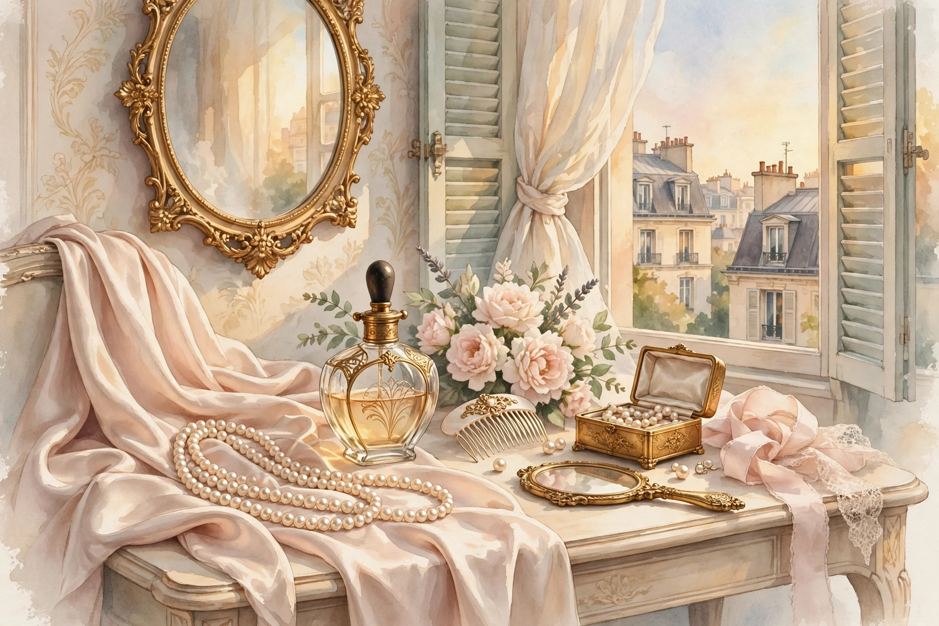Elegant aesthetic nicknames for girls — Parisian vanity with pearls, silk and vintage perfume illustration
