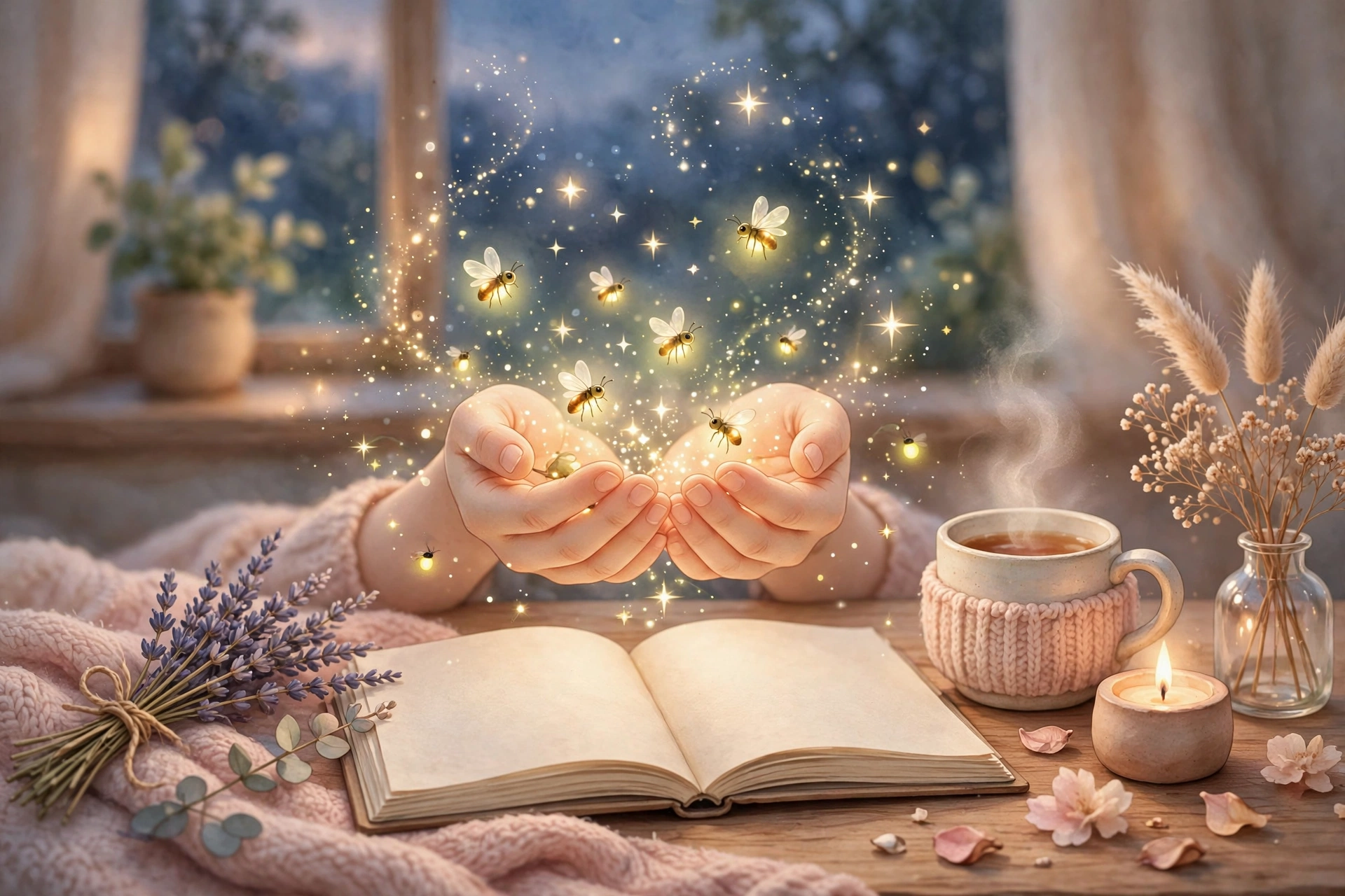 How to pick the perfect aesthetic nickname for girls — hands holding glowing fireflies over a notebook illustration