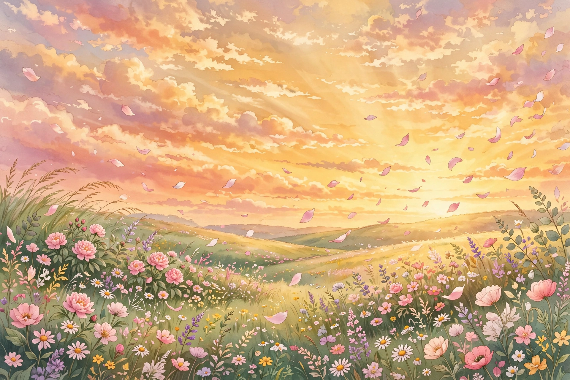 Final thoughts on aesthetic nicknames for girls — golden sunset with blooming flowers illustration