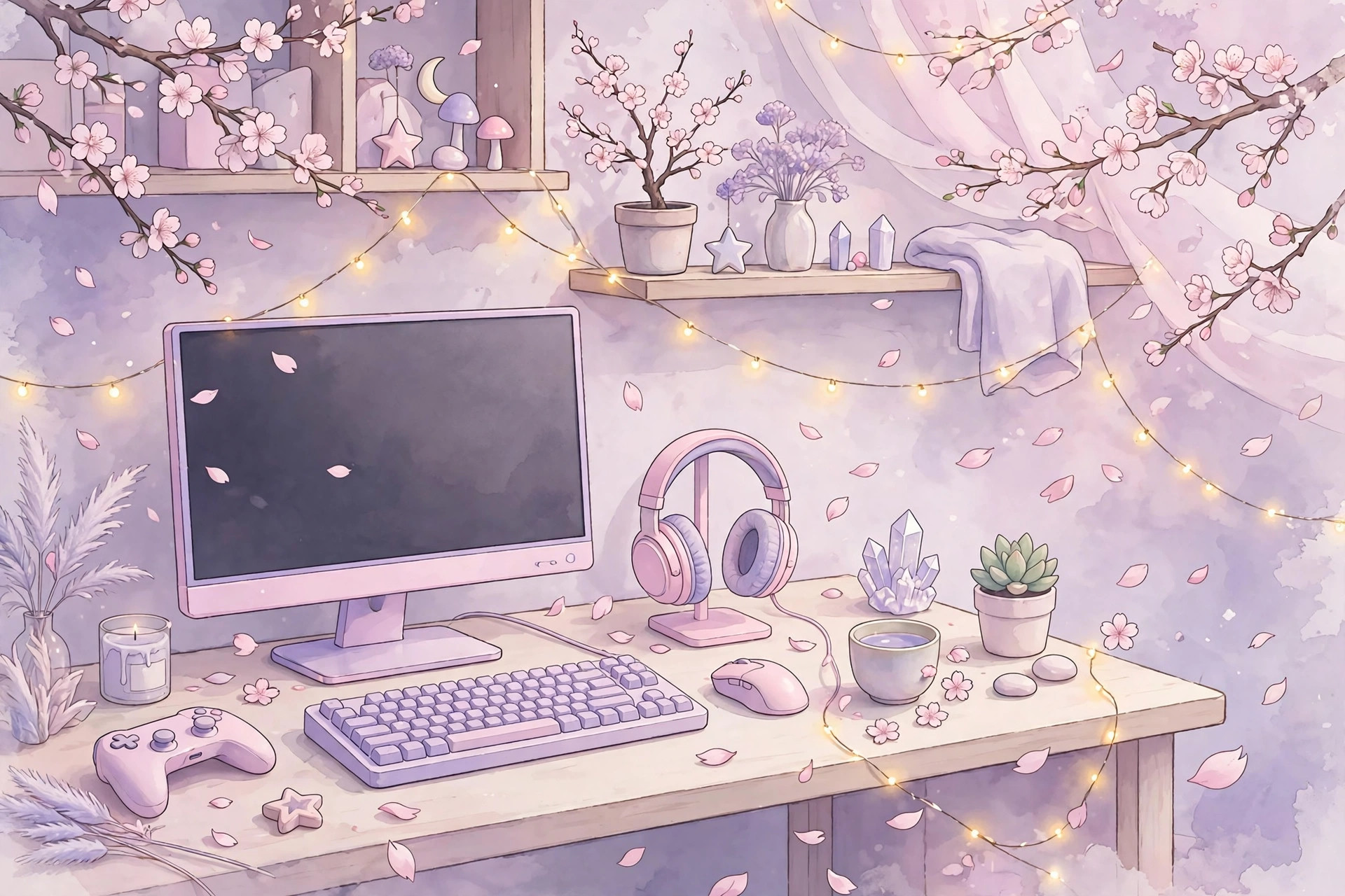 Dreamy pastel gaming desk with fairy lights and cherry blossom petals, for aesthetic cool gaming names