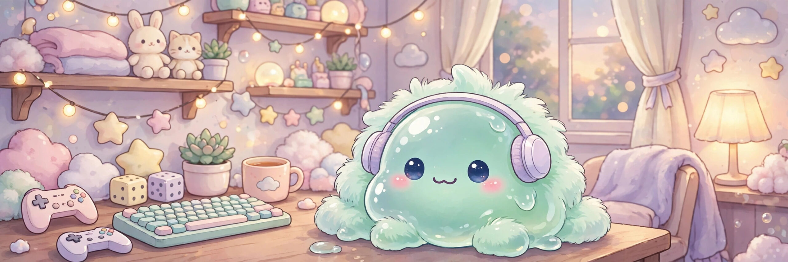 Cute fluffy cartoon slime wearing tiny headphones in a cozy gaming corner, for cute cool gaming names