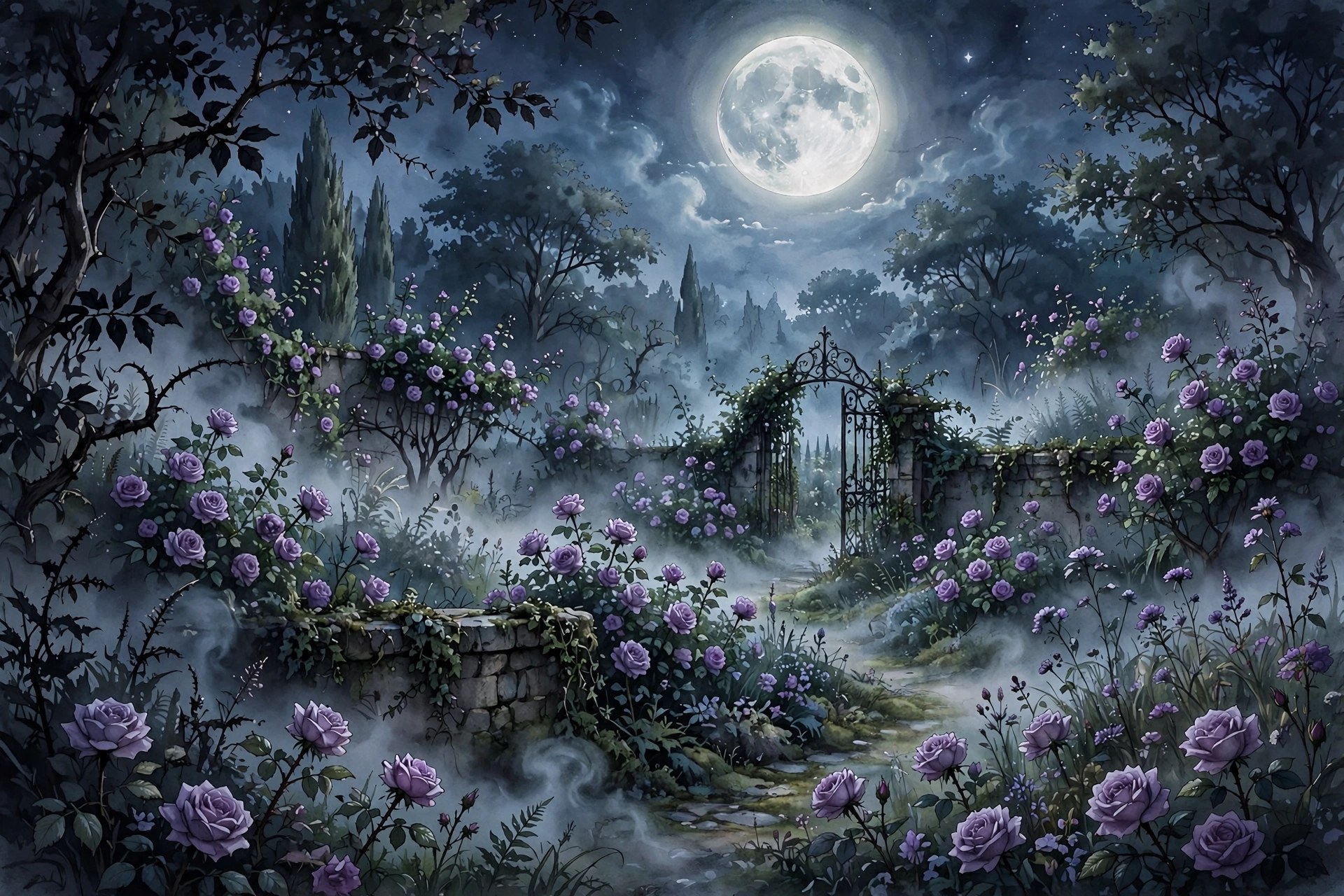 Moonlit garden with soft purple roses, edgy sweet femboy names