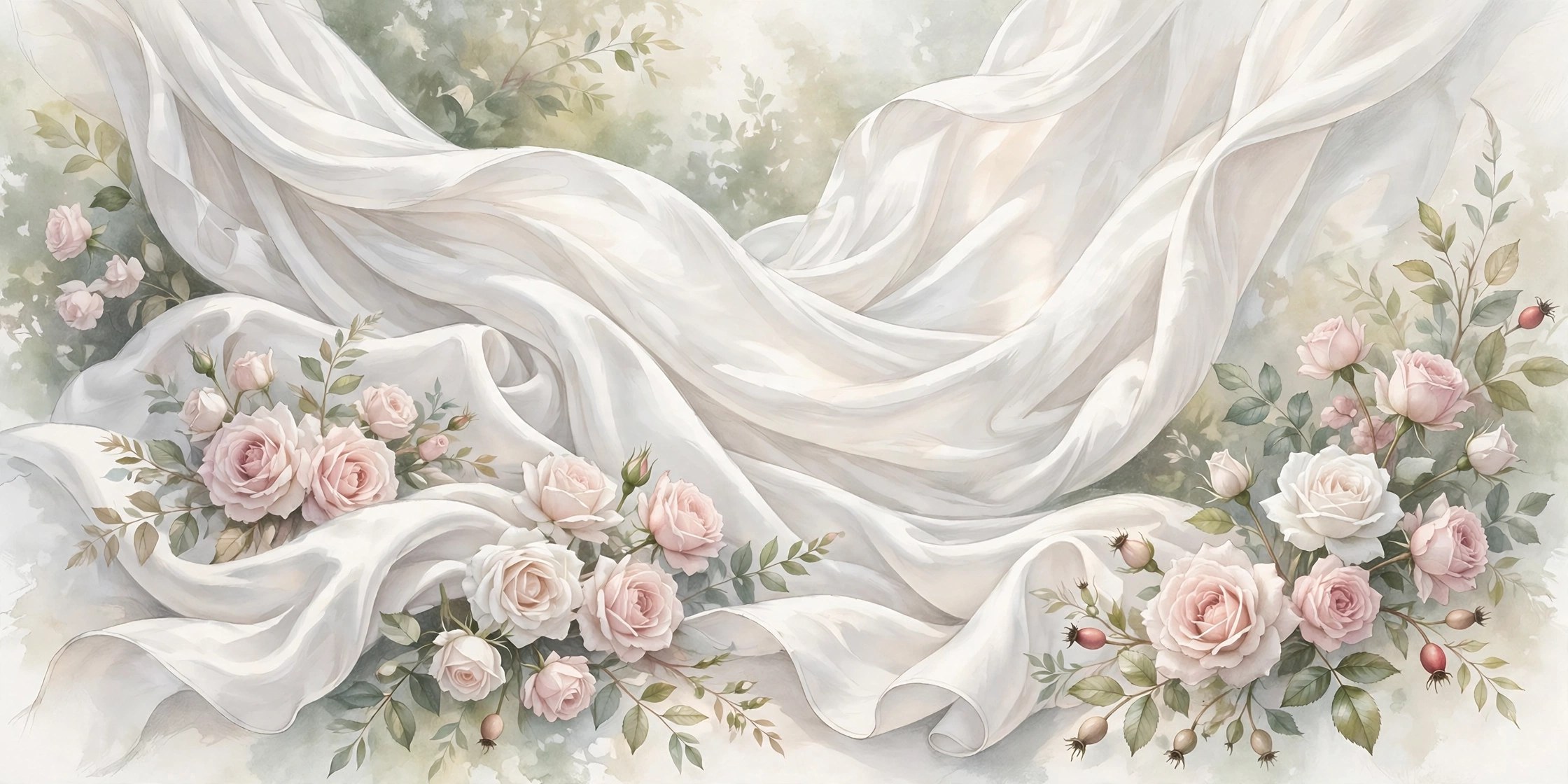 Elegant white silk and roses in soft light, graceful femboy names