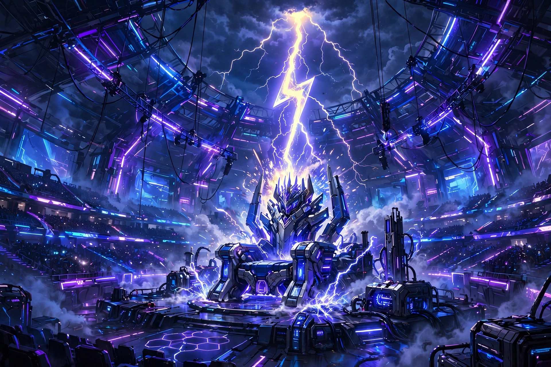 Esports arena glowing with neon light and a lightning bolt striking a throne, for epic and powerful cool gaming names
