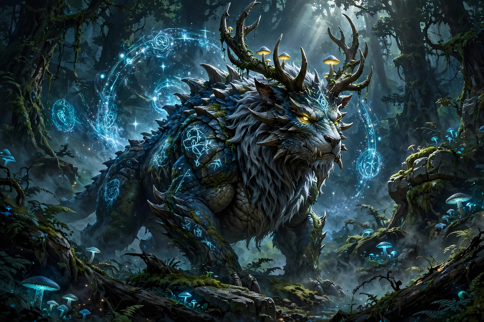 Majestic fantasy monster in an enchanted forest with glowing magical runes, fantasy monster names