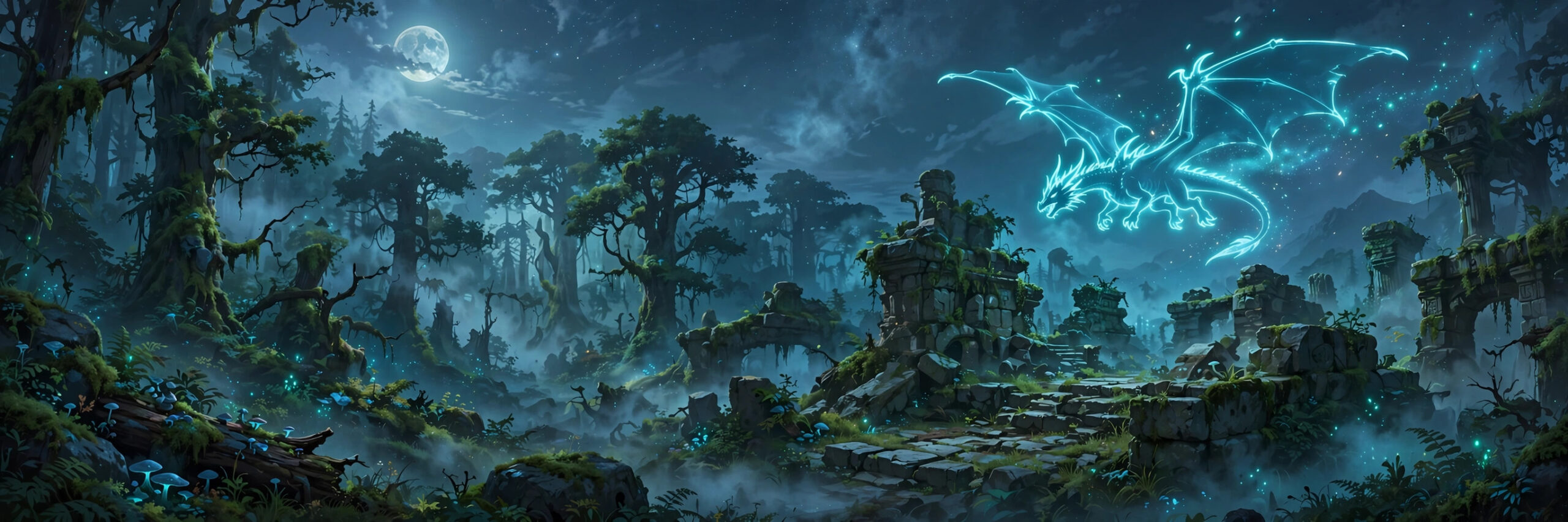 Glowing dragon flying over moonlit ancient ruins in a mystical forest, for fantasy and mythical cool gaming names