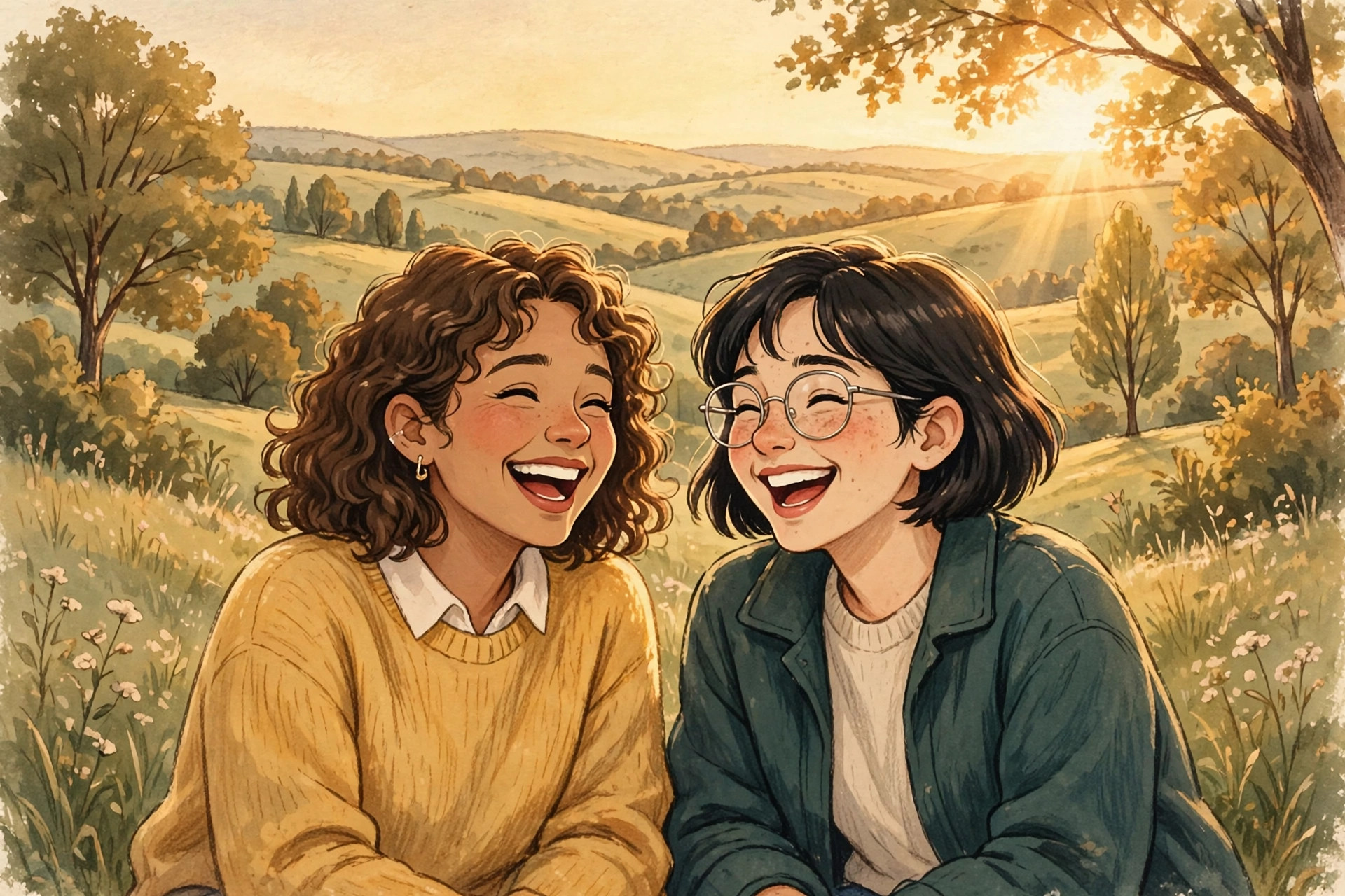 Cute nicknames for best friend - two best friends laughing together under golden sunlight
