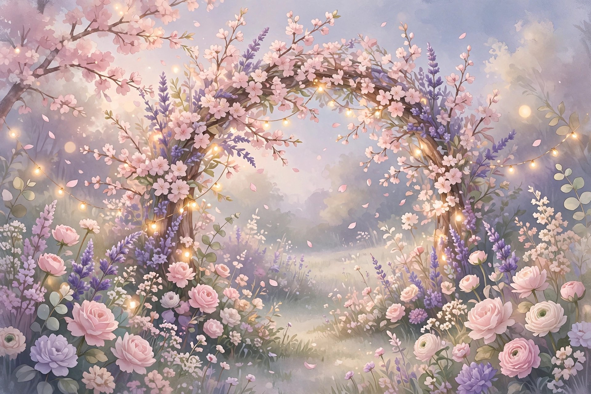 Dreamy pastel scene of flowers, cherry blossoms and fairy lights, soft femboy names featured image