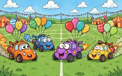 Rocket-powered race cars chasing a giant soccer ball in a packed stadium at sunset