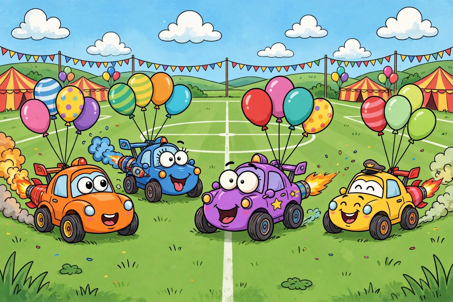 Rocket-powered race cars chasing a giant soccer ball in a packed stadium at sunset