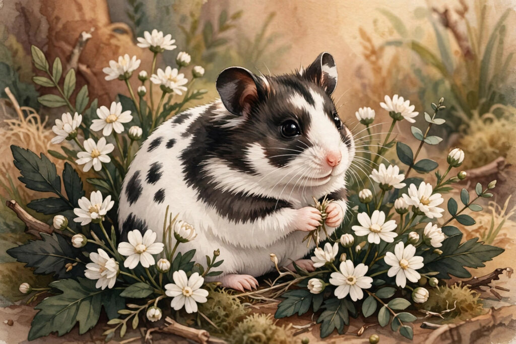 Black and white hamster with striking markings among white flowers and dark leaves