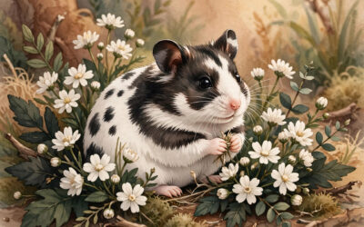 Black and white hamster with striking markings among white flowers and dark leaves
