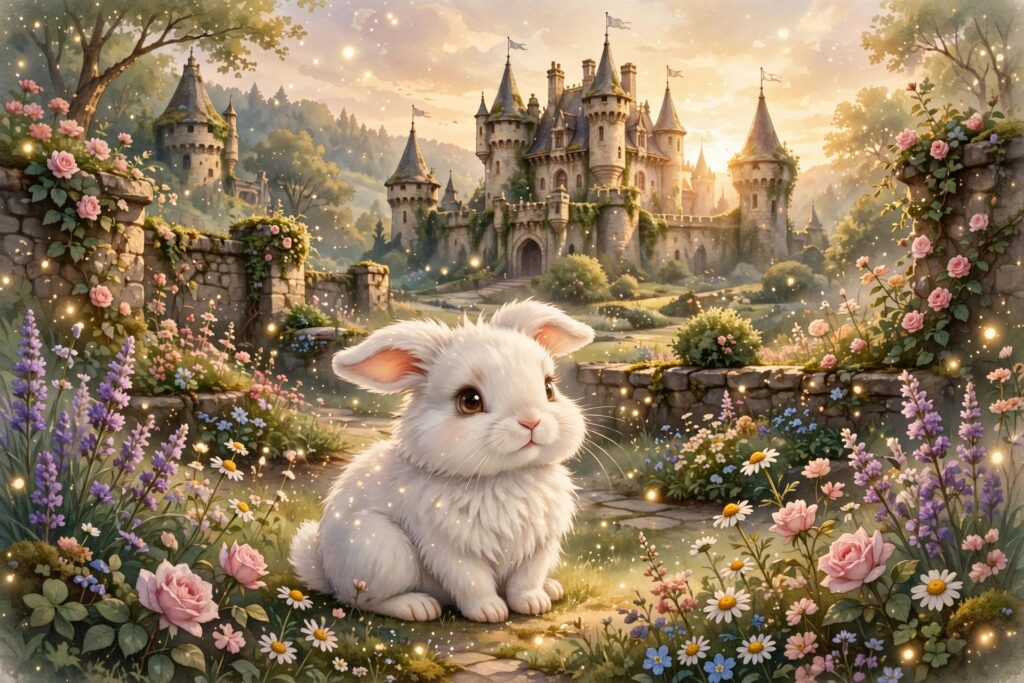 Fluffy white rabbit in a magical castle garden at golden hour, Disney rabbit names