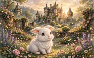 Fluffy white rabbit in a magical castle garden at golden hour, Disney rabbit names