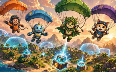 Cartoon battle royale squad parachuting onto a colorful map, funny apex legends names