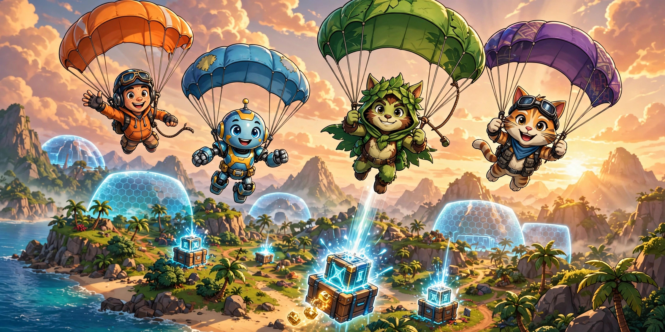 Cartoon battle royale squad parachuting onto a colorful map, funny apex legends names