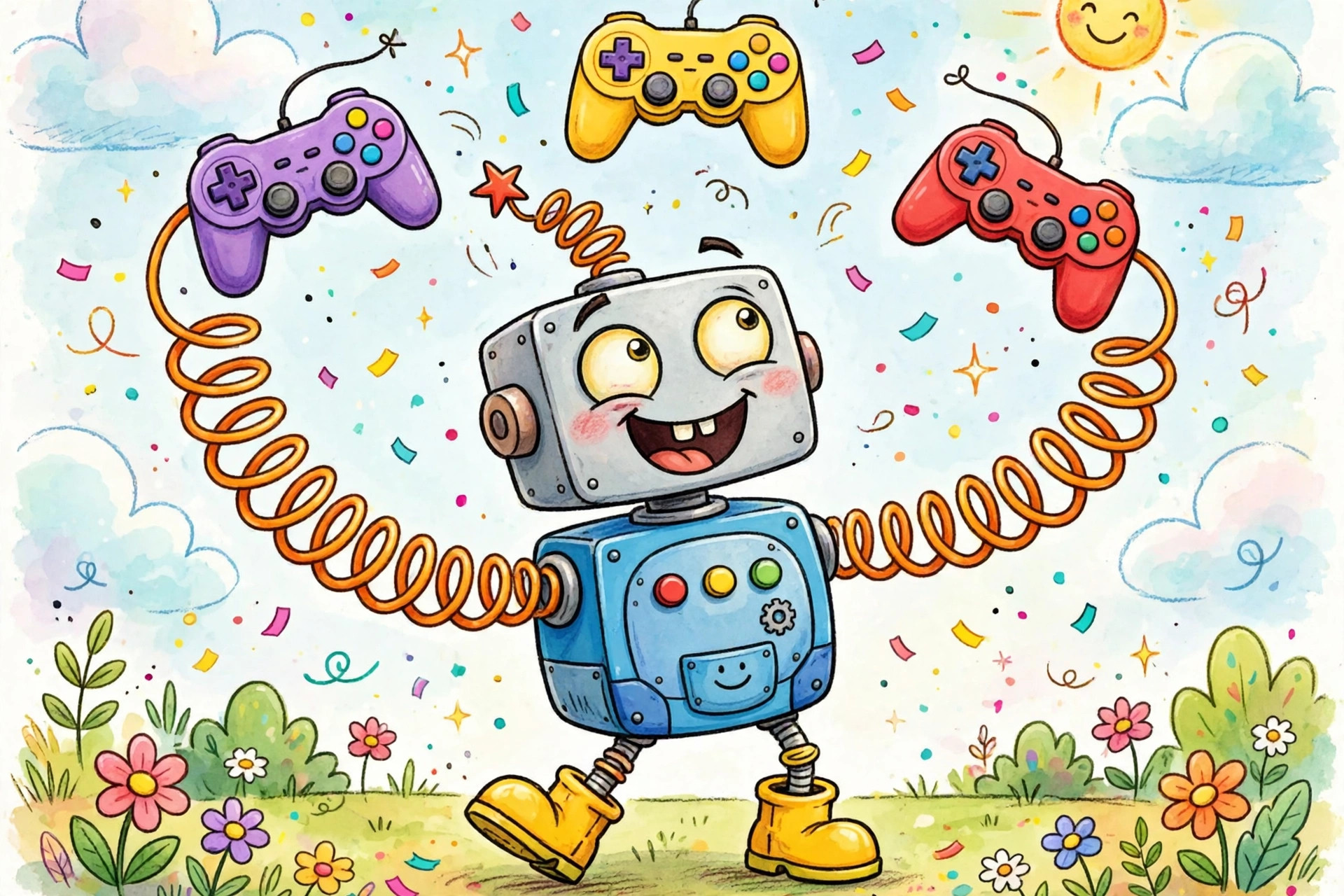 Goofy cartoon robot juggling a game controller in bright colors, for funny cool gaming names