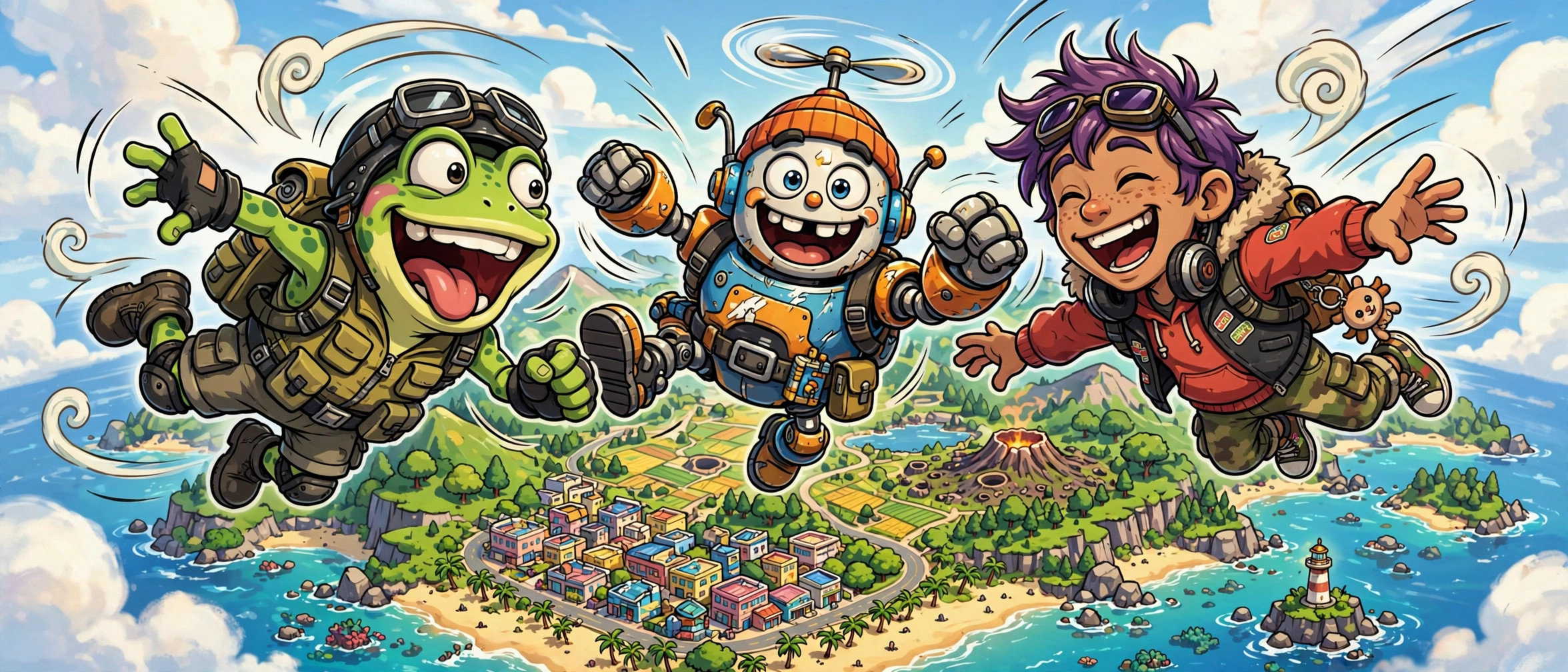 Cartoon squad of three battle royale heroes skydiving together, funny apex legends squad names art